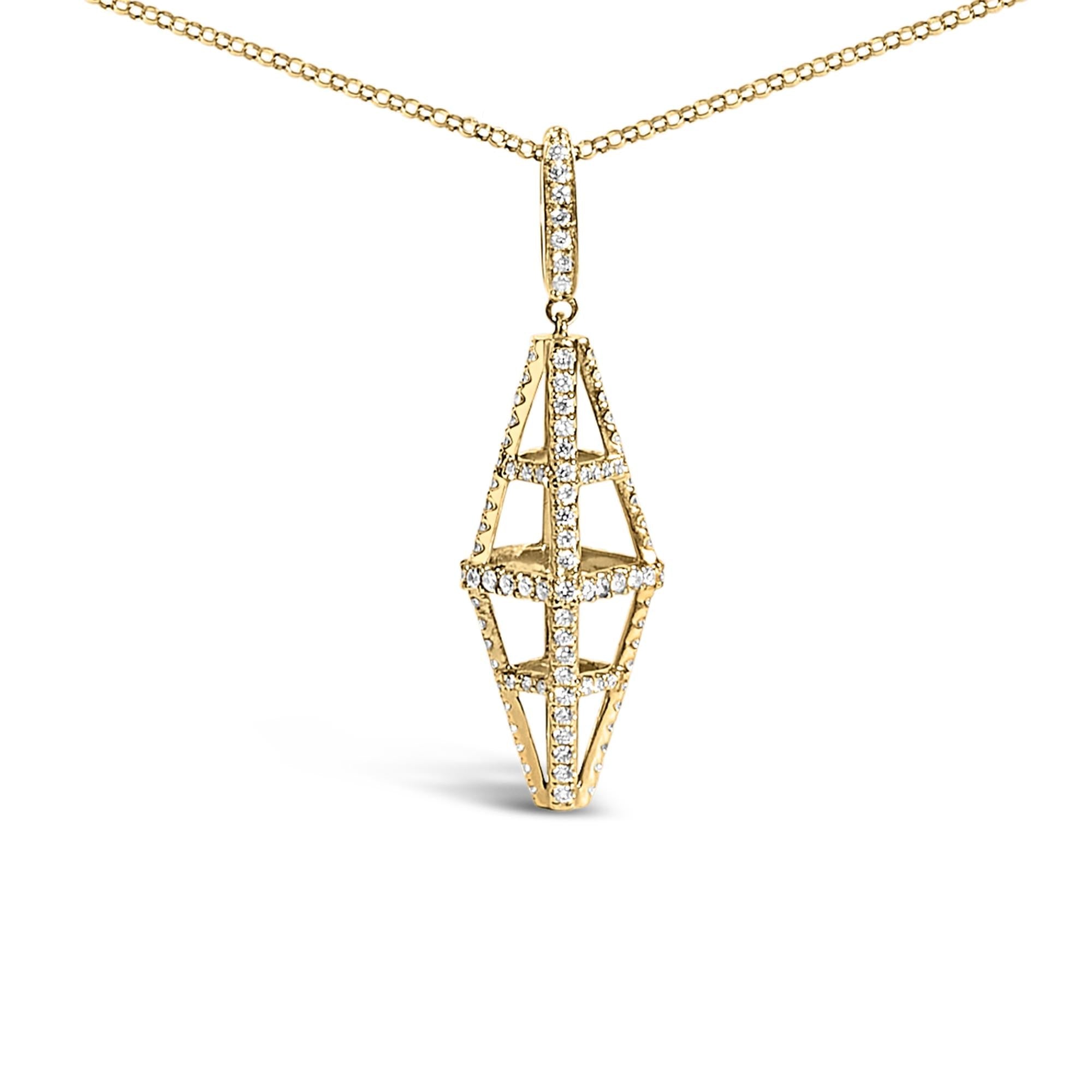 14K Yellow Gold 1.0 Cttw Diamond Studded Geometric Double Pyramid 18" Pendant Necklace (G-H Color, SI1-SI2 Clarity) - Friggin Jewelry Premium