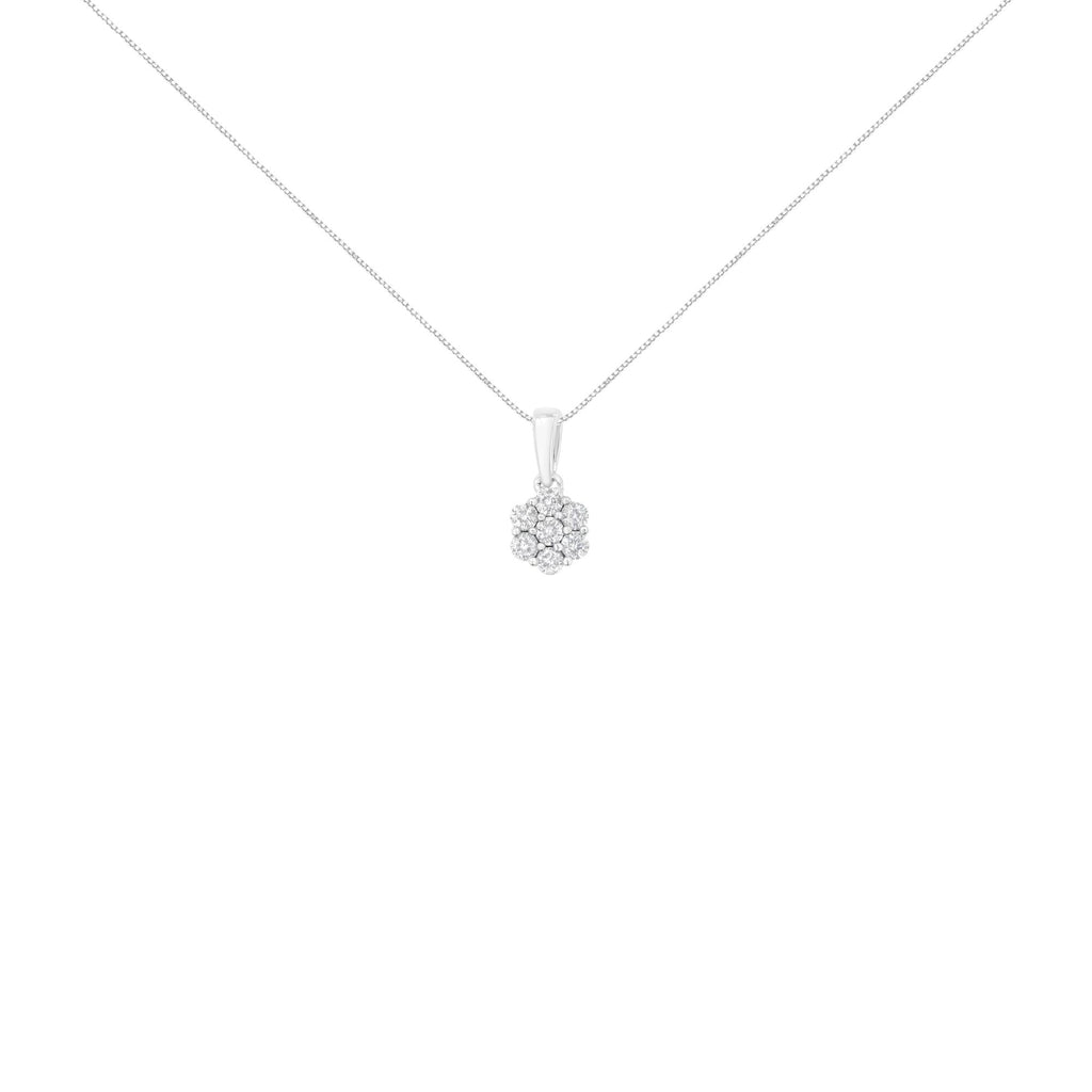 14K White Gold 1/2 cttw Prong Set Round-Cut Diamond 7 Stone Floral Cluster 18" Pendant Necklace (H-I Color, I1-I2 Clarity) - Friggin Jewelry