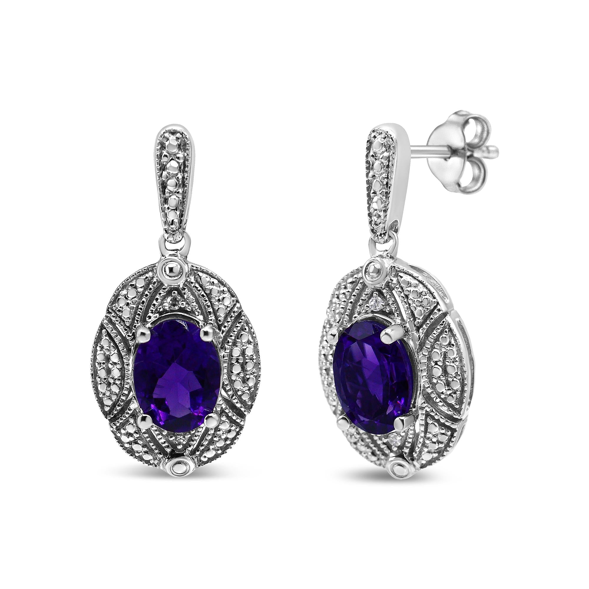 Pendientes de plata de ley 925 con detalles de diamantes y amatista ovalada morada de 8 x 6 mm (color IJ, claridad I1-I2) - Friggin Jewelry