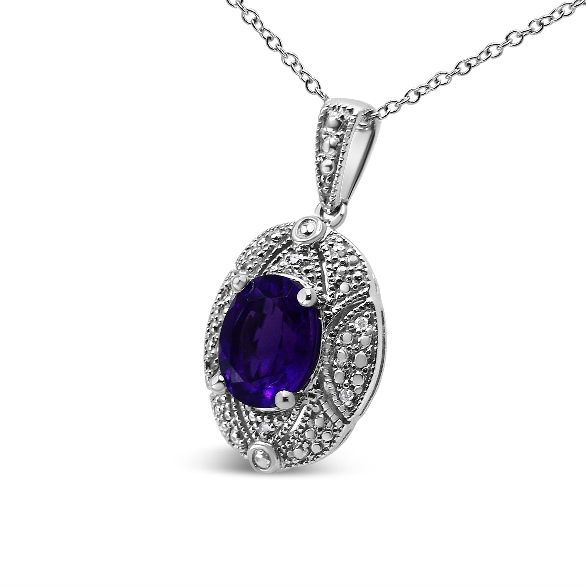 Collar de 45 cm con colgante de amatista morada ovalada de 9 x 7 mm y detalle de diamante en plata de ley 925 (color IJ, claridad I1-I2) - Friggin Jewelry