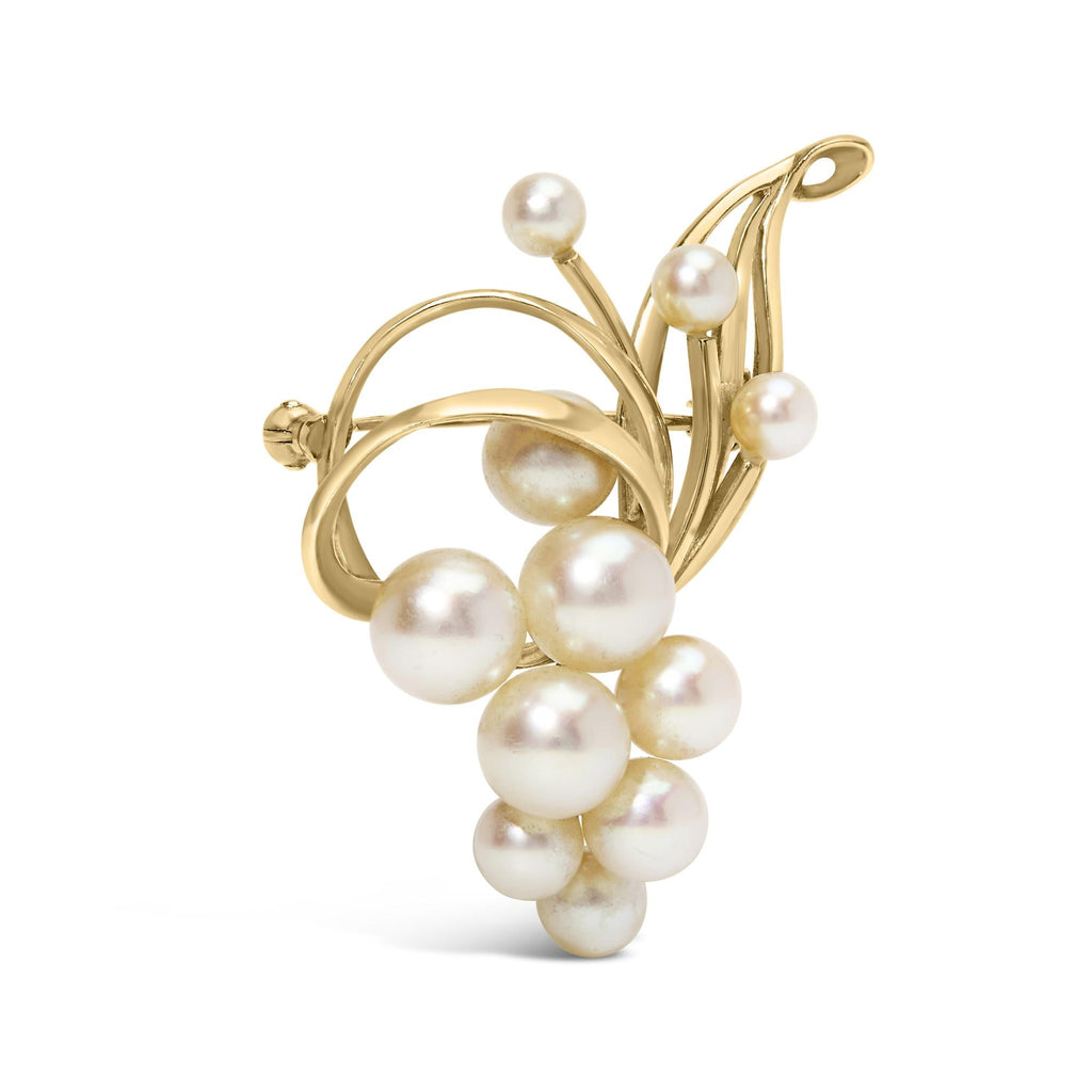 14K Yellow Gold Akoya Cultured Pearl Cluster Swirl Brooch Pin - Friggin Jewelry