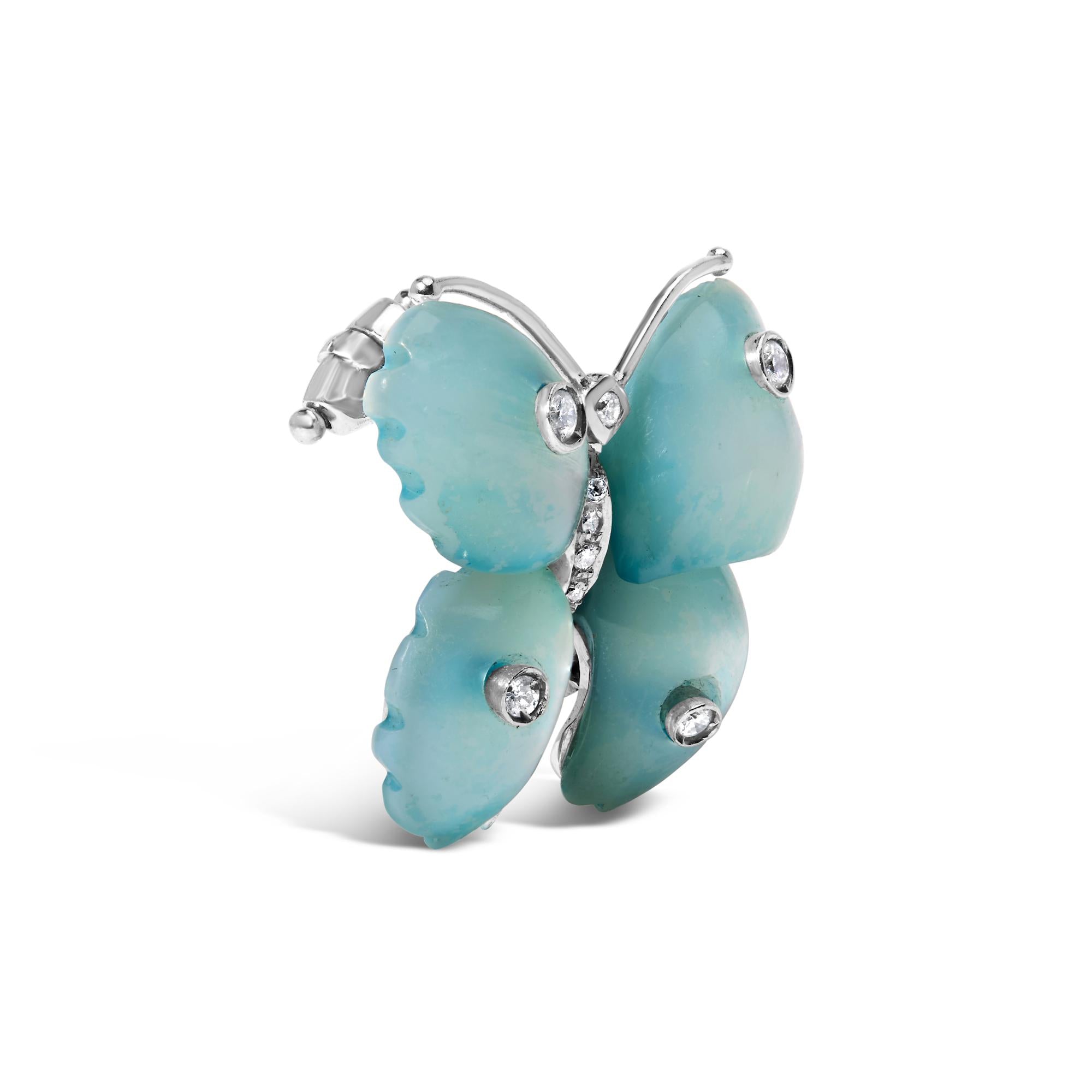 18K White Gold Blue Mother of Pearl and Diamond Accent Butterfly Pin Brooch (F-G Color, VS1-VS2 Clarity) - Friggin Jewelry