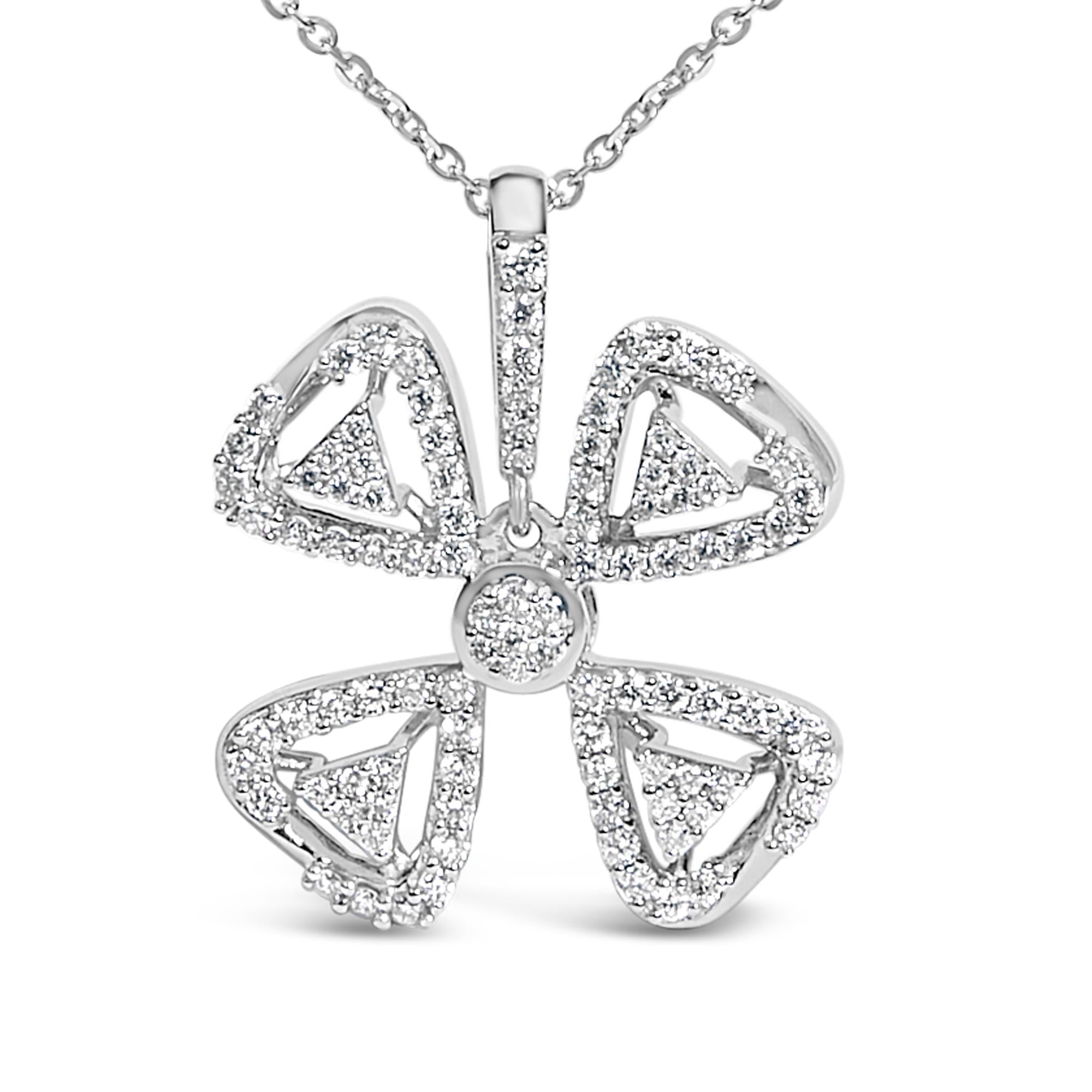 14K White Gold 5/8 Cttw Diamond 4 Leaf Floral Pendant Necklace (H-I Color, I1-I2 Clarity) - 18" Inches - Friggin Jewelry Premium
