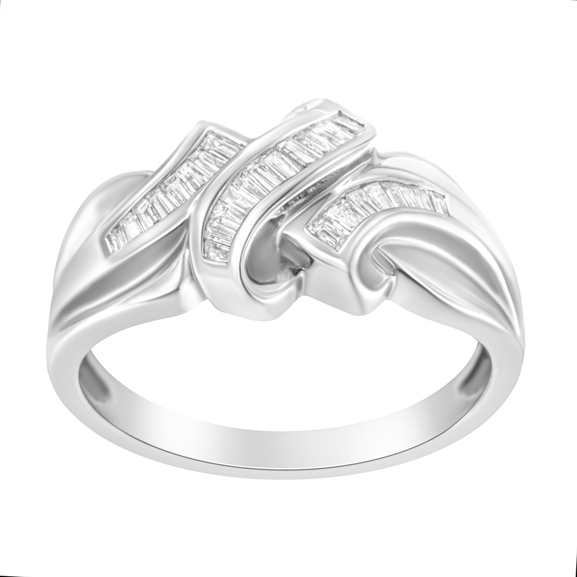 14K White Gold 1/3 Cttw Channel Set Baguette Diamond Bypass Ring Band (H-I Color, SI1-SI2 Clarity) - Friggin Jewelry