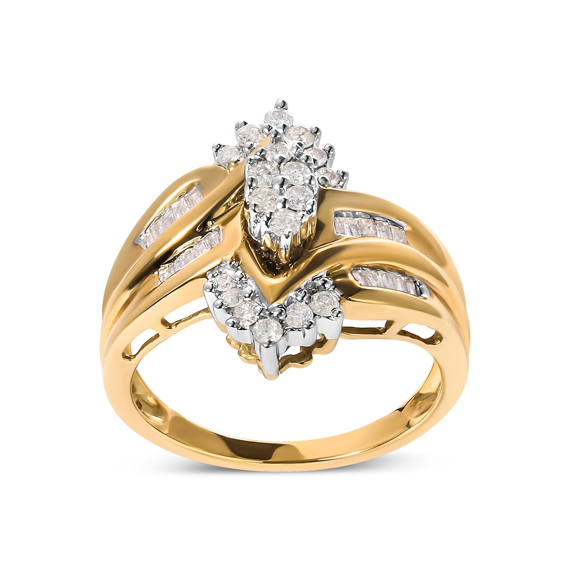 10K Two-Toned 1/2 Cttw Round And Baguette-Cut Composite Pear Head Diamond Ring (H-I Color, I2-I3 Clarity) - Friggin Jewelry