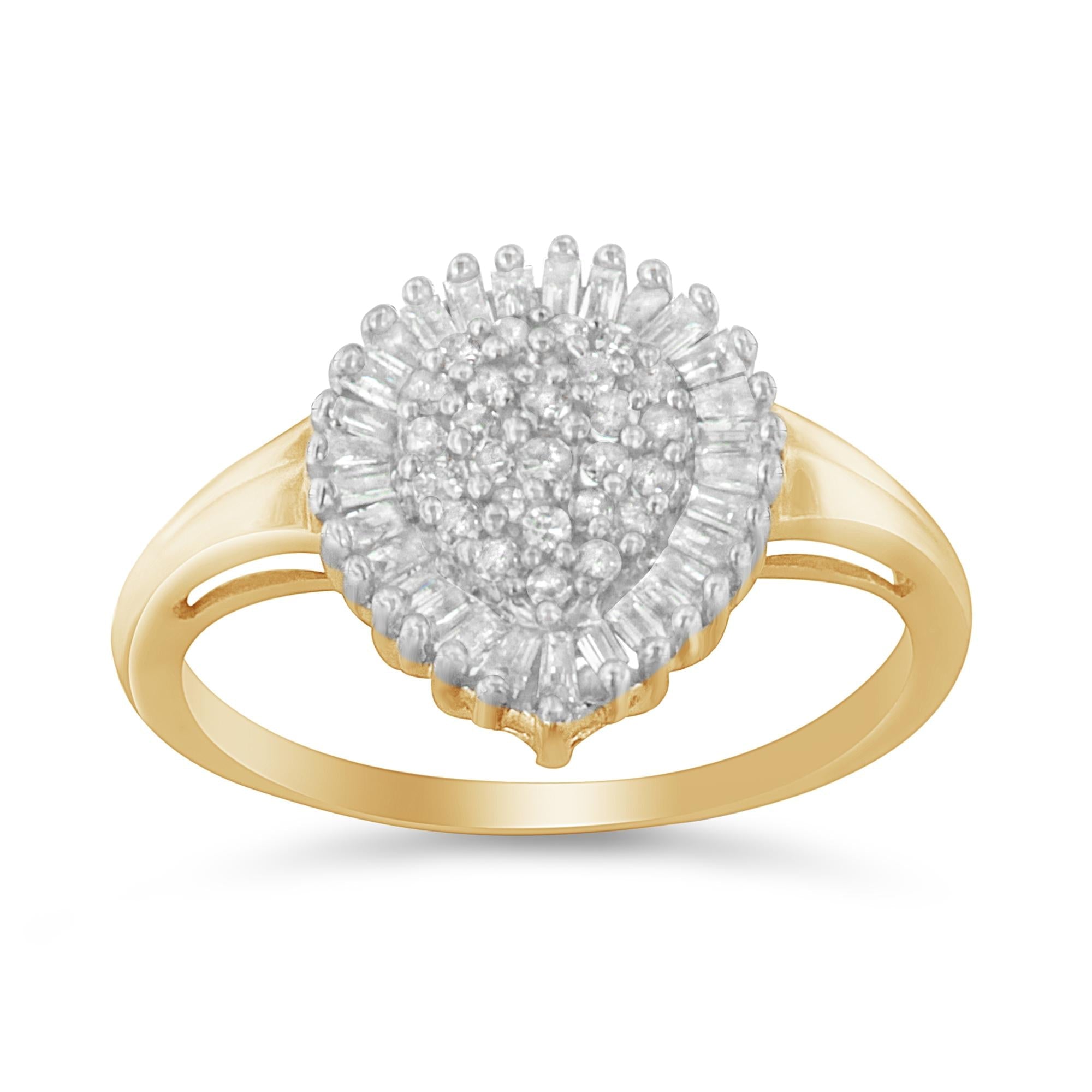 10K Yellow Gold 1/2 Cttw Round & Baguette Cut Diamond Pear Shaped Domed Pavé Cluster with Halo Cocktail Ring (J-K Color, I1-I2 Clarity) - Friggin Jewelry