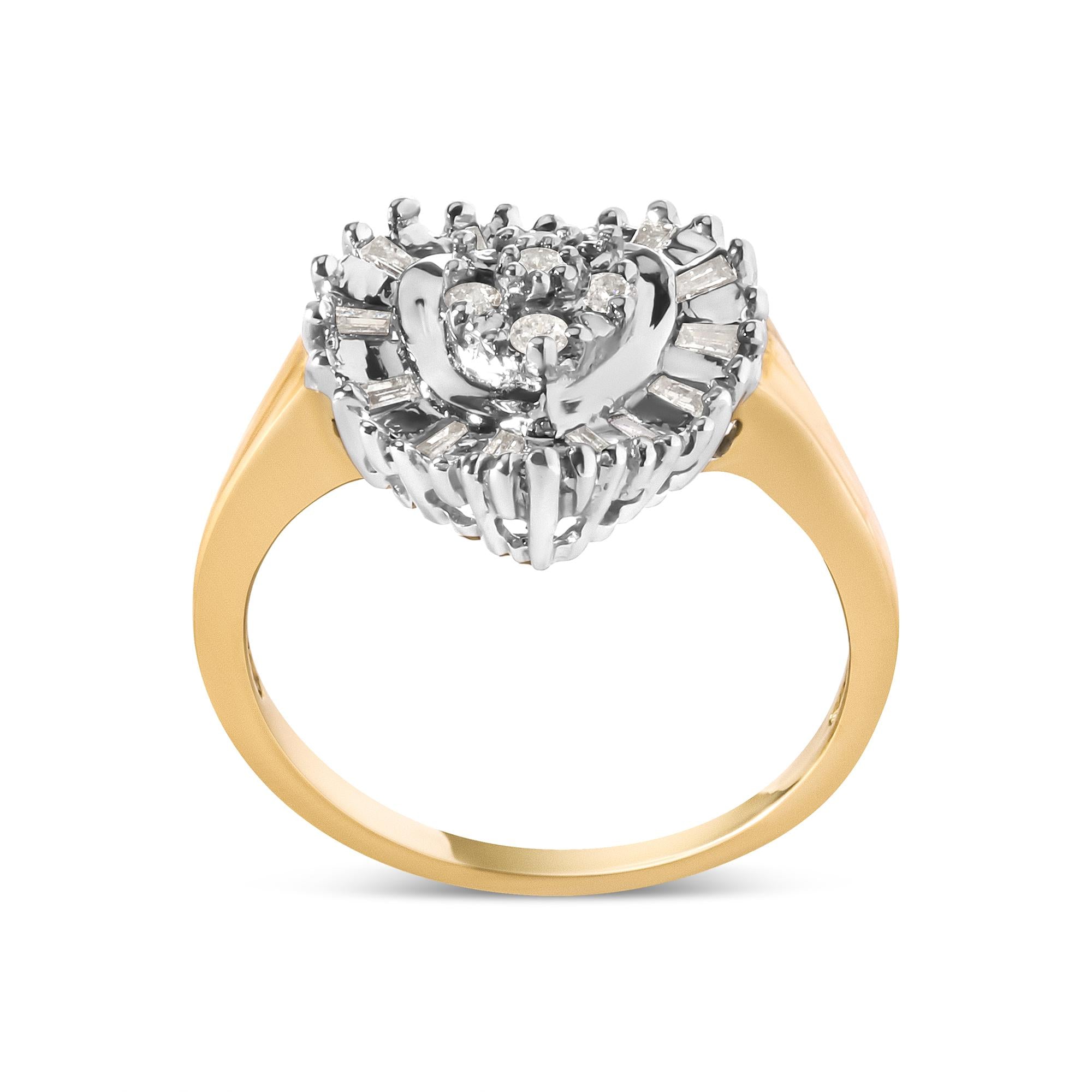 10K Yellow Gold 1/4 Cttw Round and Baguette cut Diamond Heart Shape Ballerina Ring (H-I Color, I1-I2 Clarity) - Friggin Jewelry