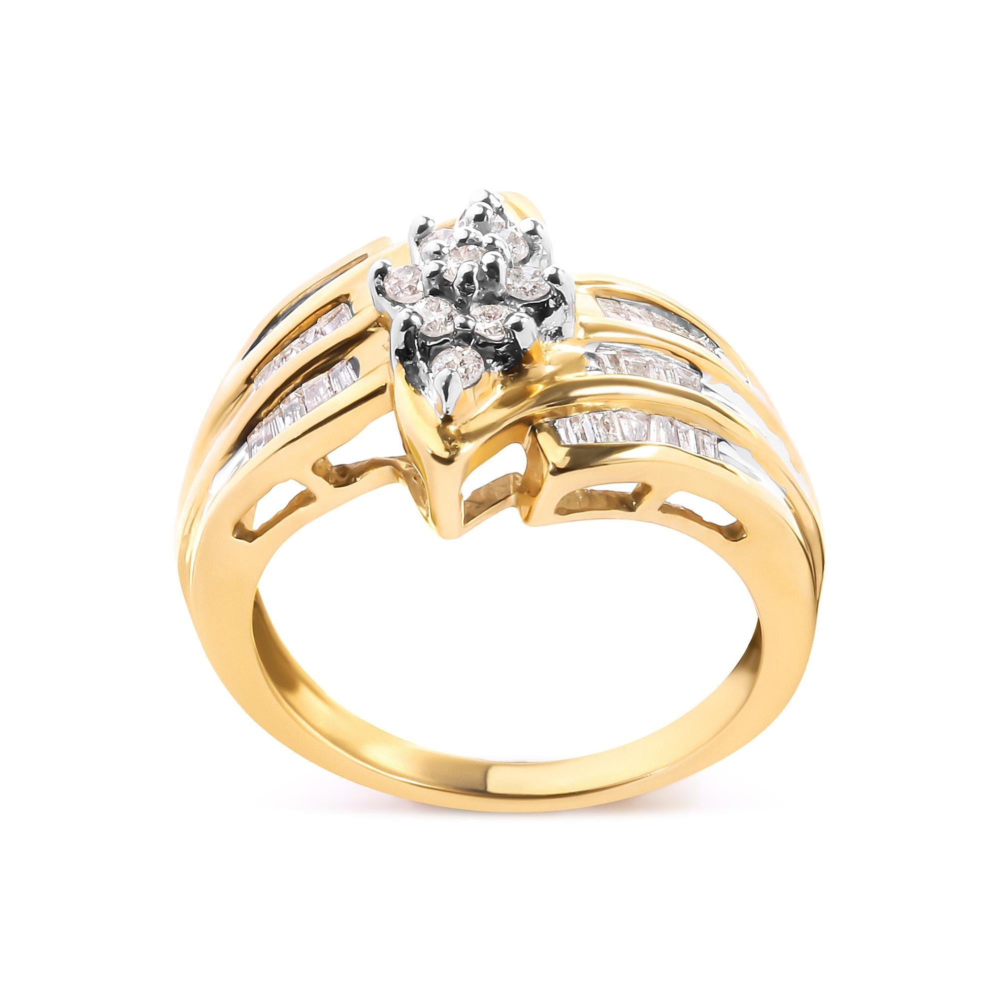 10K Yellow Gold 1/2 Cttw Round And Baguette-cut Diamond Cluster Head and Channel Set Shank Ring (H-I Color, I1-I2 Clarity) - Friggin Jewelry