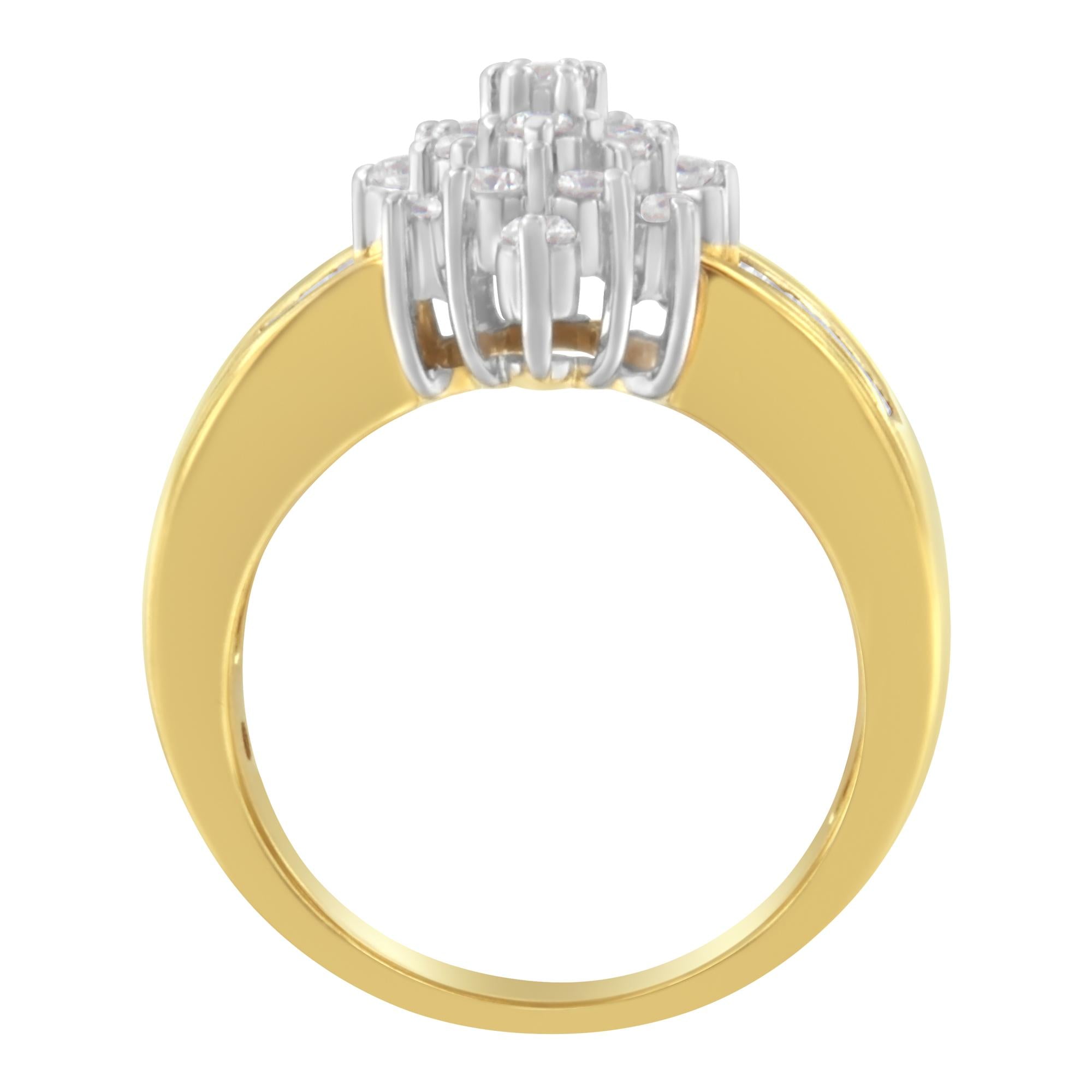 10K Yellow Gold 1.0 Cttw Round & Baguette Cut Diamond Floral Cluster Double-Channel Flared Band Statement Ring (H-I Color, SI2-I1 Clarity) - Friggin Jewelry