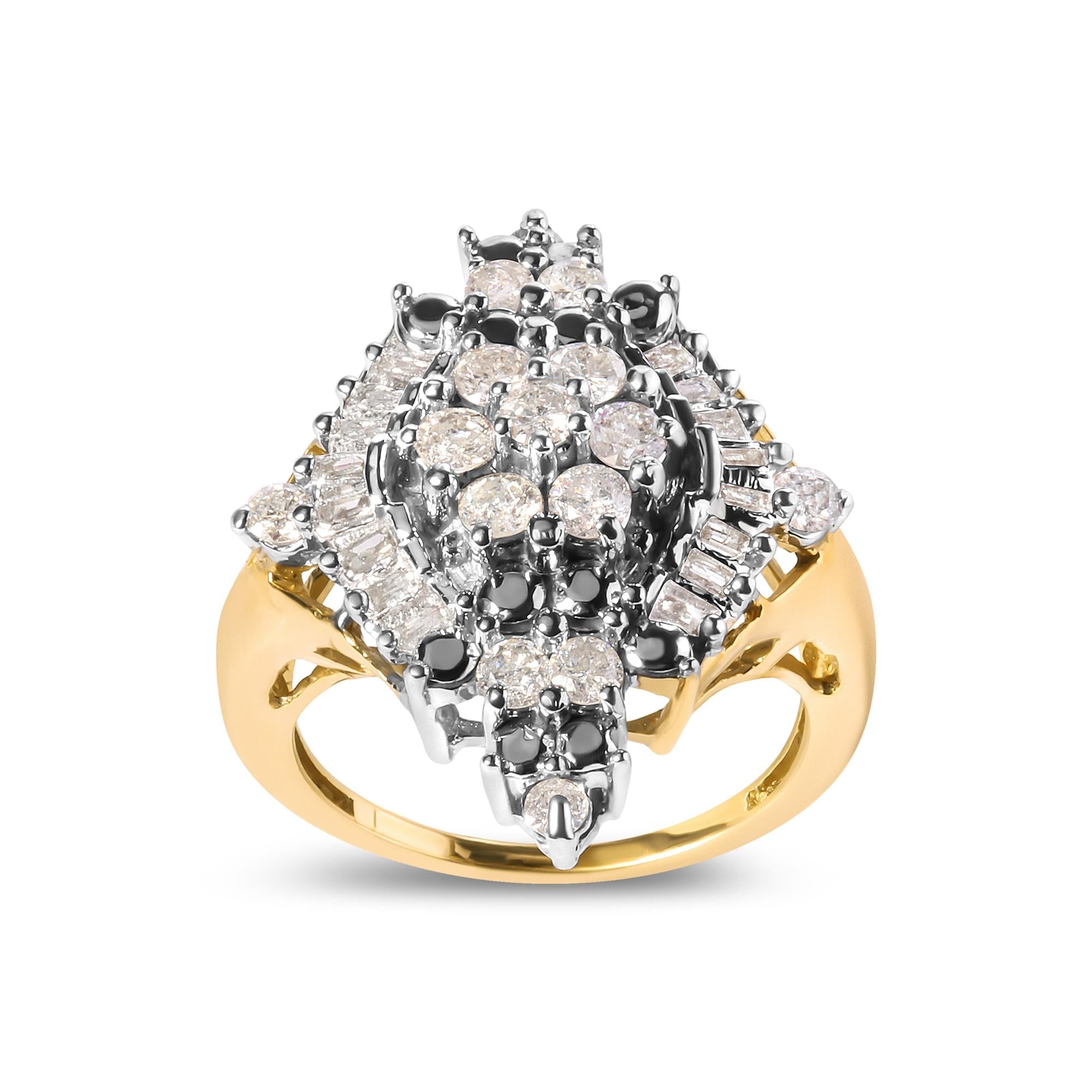 10K Yellow Gold 1 Cttw Round and Baguette cut Diamond Cluster and Rhombus Halo Ring (H-I Color, I1-I2 Clarity) - Friggin Jewelry