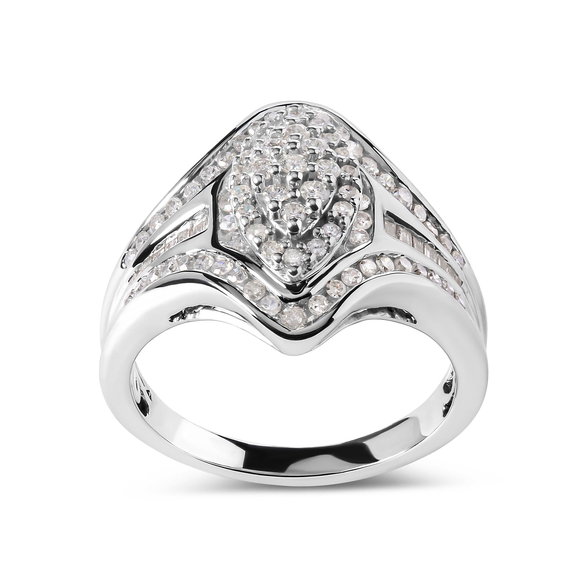 14K White Gold 3/4 Cttw Round and Baguette cut Diamond Cluster Ring (H-I Color, I1-I2 Clarity) - Friggin Jewelry
