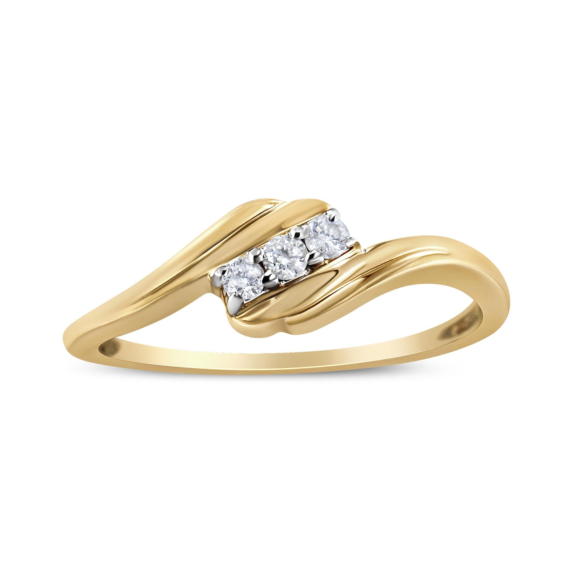 10K Yellow Gold over .925 Sterling Silver 1/10 Cttw Diamond Three-Stone Bypass Fashion Cocktail Ring ( I-J Color, I2-I3 Clarity) - Friggin Jewelry