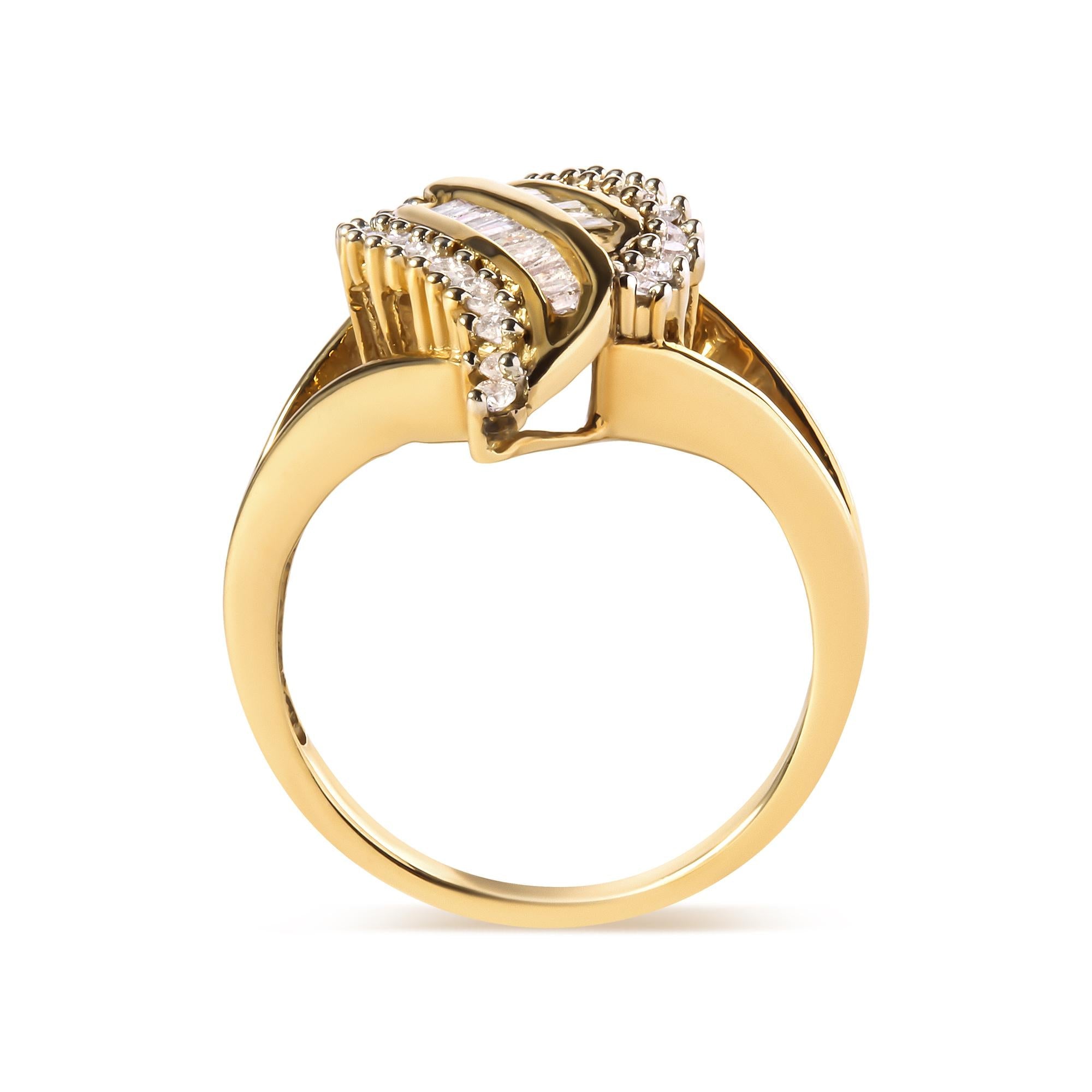 10K Yellow Gold 1/2 Cttw Round and Baguette Cut Diamond Cocktail Ring (H-I Color, I1-I2 Clarity) - Friggin Jewelry