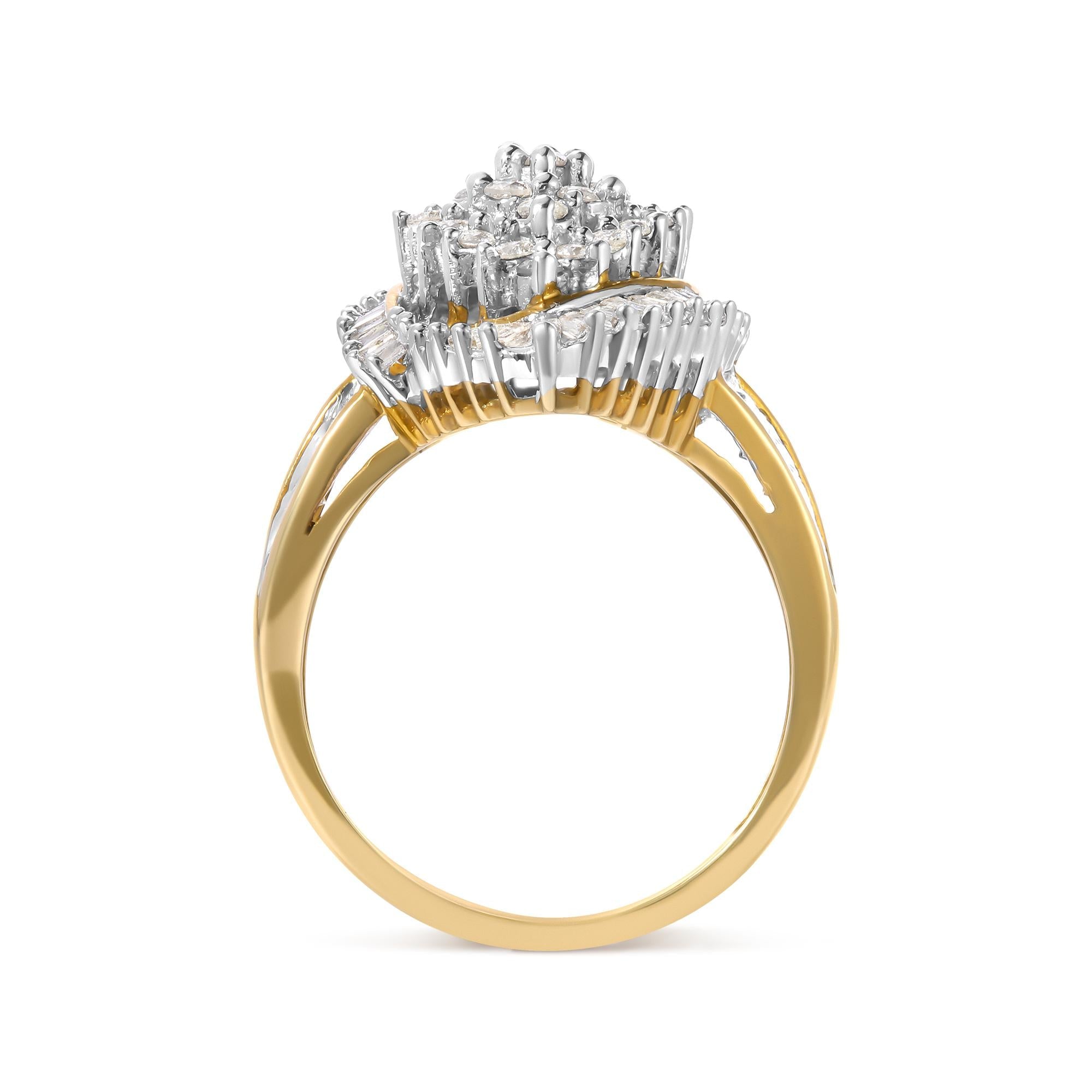 10K Yellow Gold 1.0 Cttw Round and Baguette-Cut Diamond Cluster Ring (I-J Color, SI2-I1 Clarity) - Friggin Jewelry