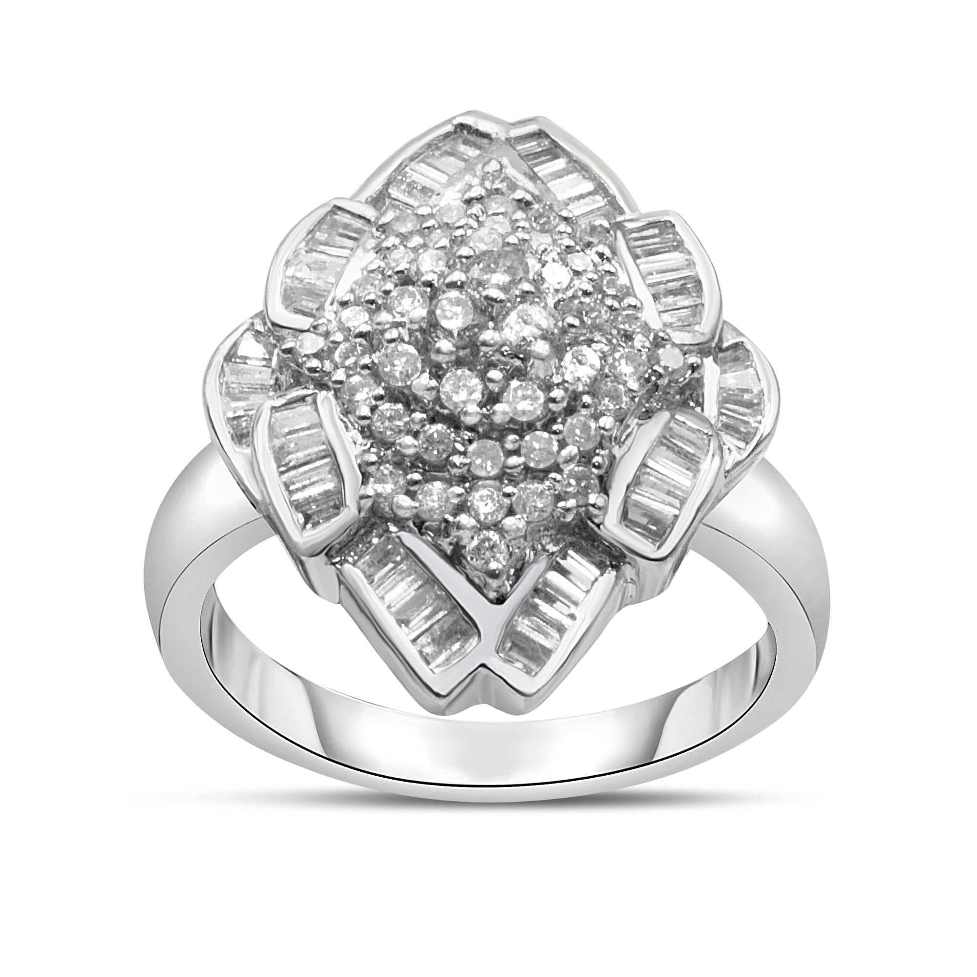 14K White Gold 7/8 Cttw Round and Baguette-Cut Diamond Cluster Ring (H-I Color, SI2-I1 Clarity) - Friggin Jewelry Premium