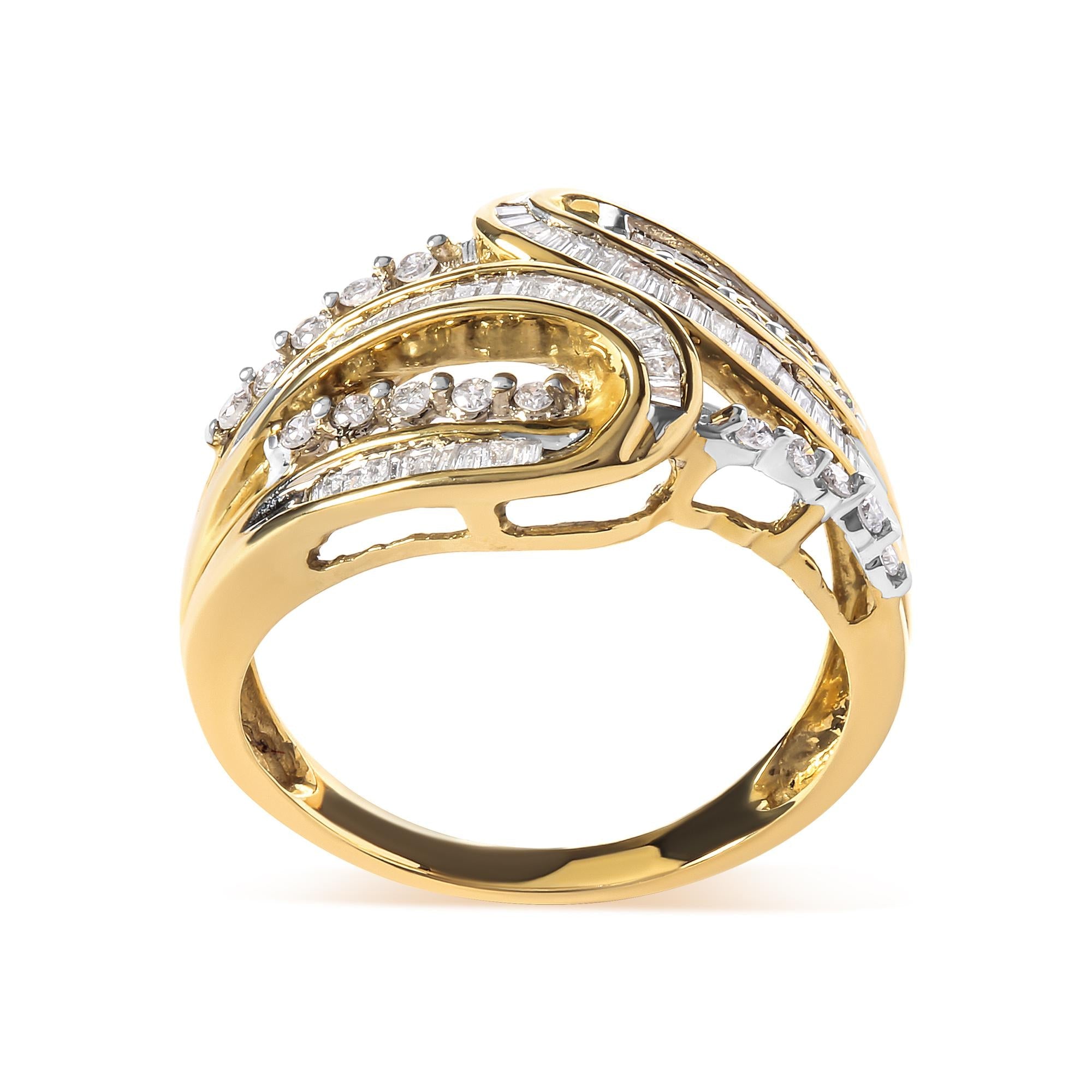 10K Yellow Gold 1/2 Cttw Round and Baguette cut Diamond Open Space Bypass Ring (H-I Color, SI2-I1 Clarity) - Friggin Jewelry