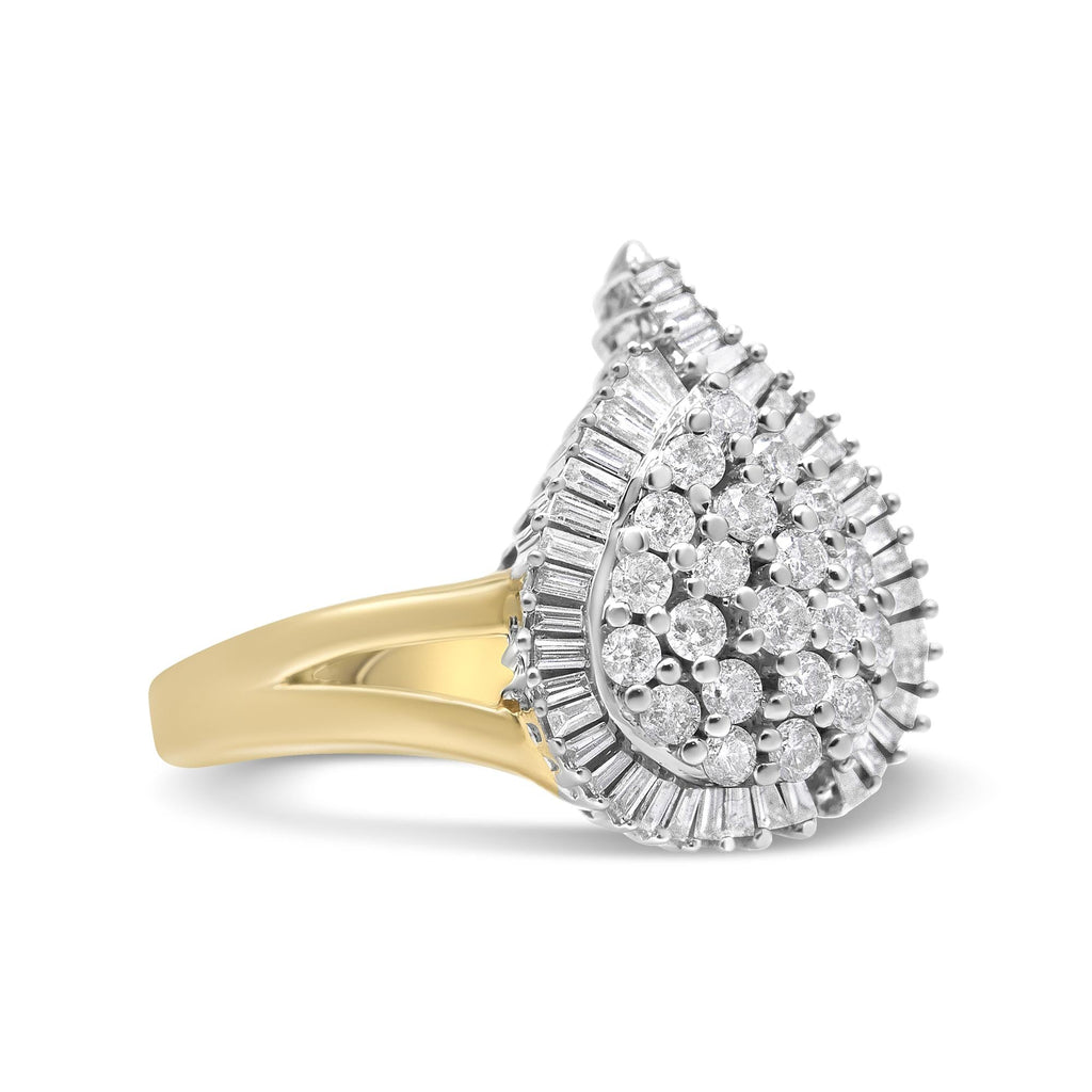 Anello da cocktail a forma di ballerina in oro giallo e bianco 14 carati con diamanti taglio baguette e taglio rotondo da 1,00 ct (colore HI, purezza SI2-I1) - Friggin Jewelry