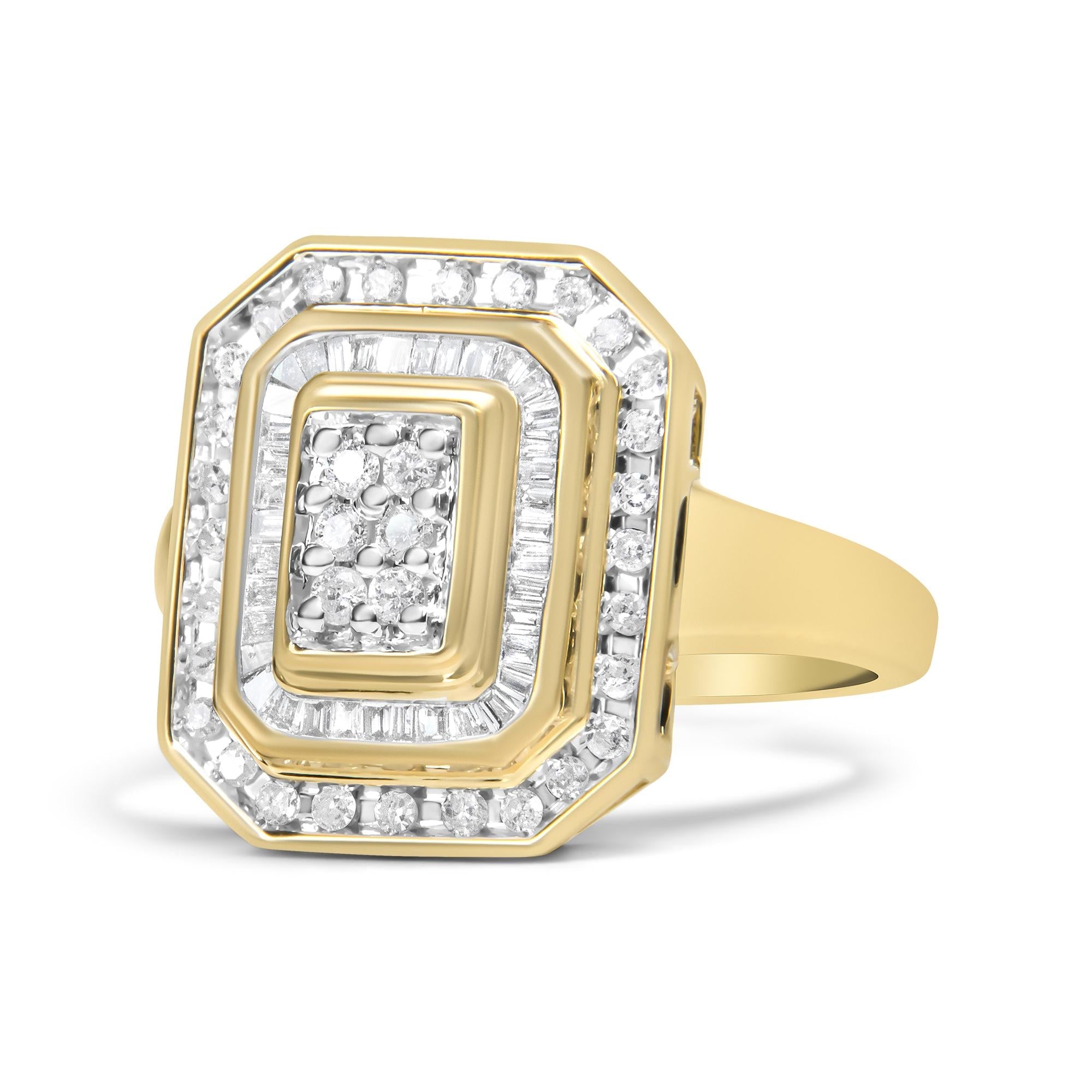 10K Yellow Gold 1.0 Cttw Diamond Vintage Inspired Baguette-Cut Double Halo Emerald-Shaped Frame Cocktail Ring (I-J Color, I1-I2 Clarity) - Friggin Jewelry