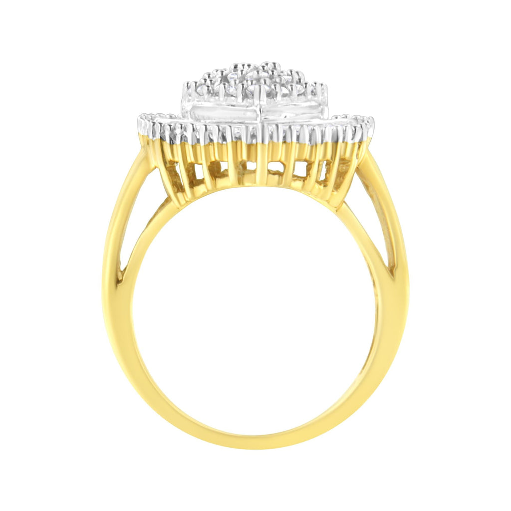 10K Yellow Gold 1.0 Cttw Round and Baguette Cut Diamond Oval Shaped Cluster Ring (I-J Color, I1-I2 Clarity) - Friggin Jewelry