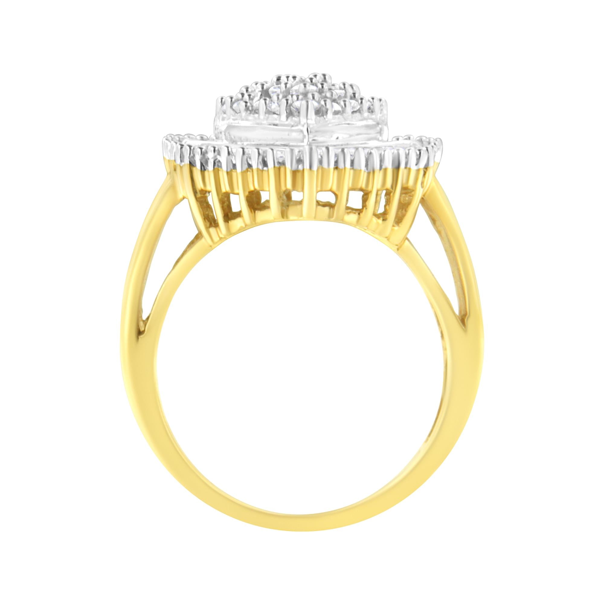 10K Yellow Gold 1.0 Cttw Round and Baguette Cut Diamond Oval Shaped Cluster Ring (I-J Color, I1-I2 Clarity) - Friggin Jewelry
