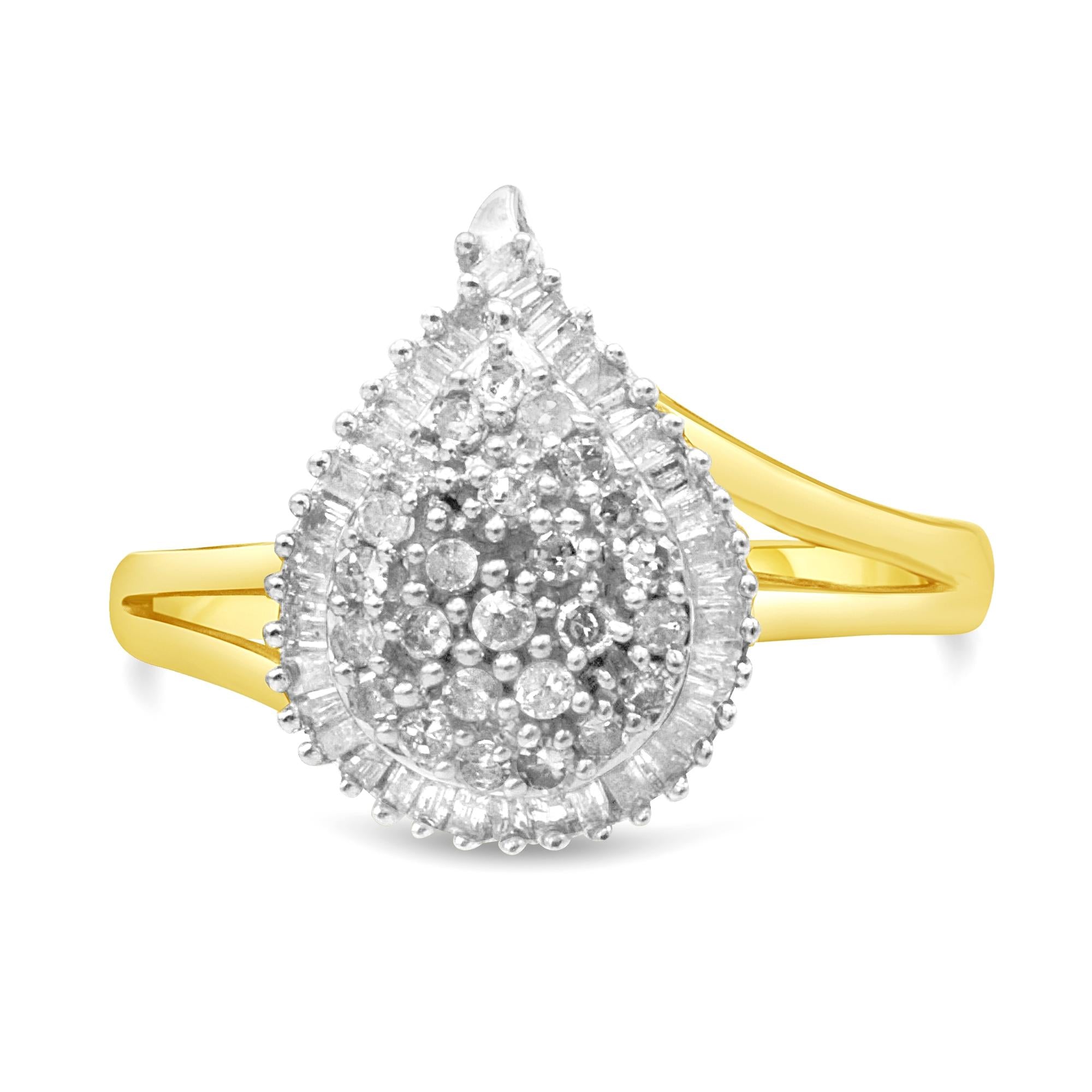 10K Yellow Gold 1/2 Cttw Round and Baguette-Cut Diamond Pear Ring (I-J Color, I1-I2 Clarity) - Friggin Jewelry