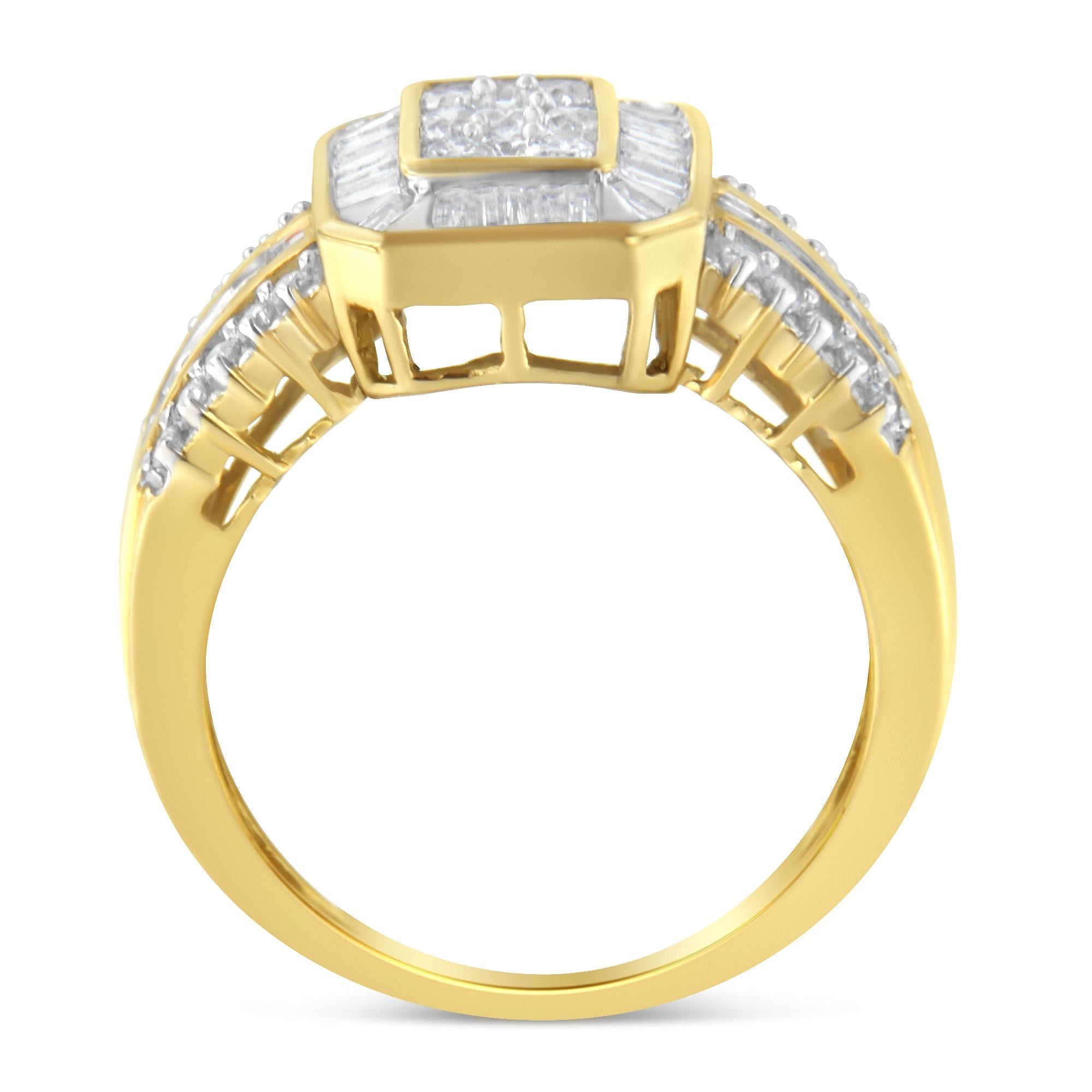 Anello da cocktail in oro giallo 10 carati con diamanti taglio baguette e taglio rotondo (1,0 ct, colore HI, purezza SI2-I1) - Friggin Jewelry