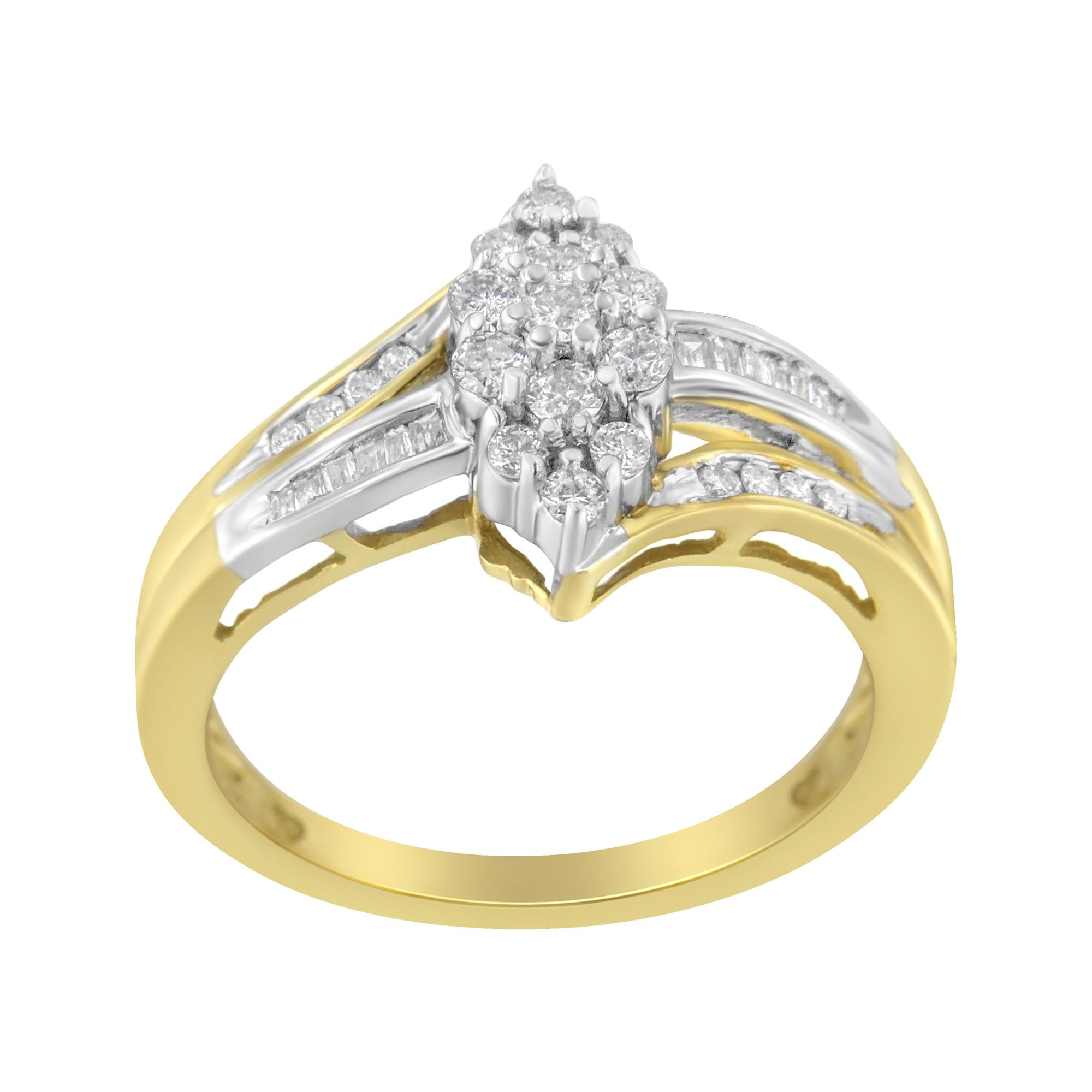 Anello in oro giallo e bianco 10K con diamanti a forma di marquise da 1/2 carati e gambo diviso (colore HI, purezza SI2-I1) - Friggin Jewelry