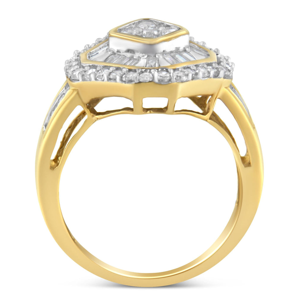 Anello da cocktail in oro giallo 10 carati con diamanti taglio baguette e taglio rotondo (1,0 ct, colore IJ, purezza I1-I2) - Friggin Jewelry
