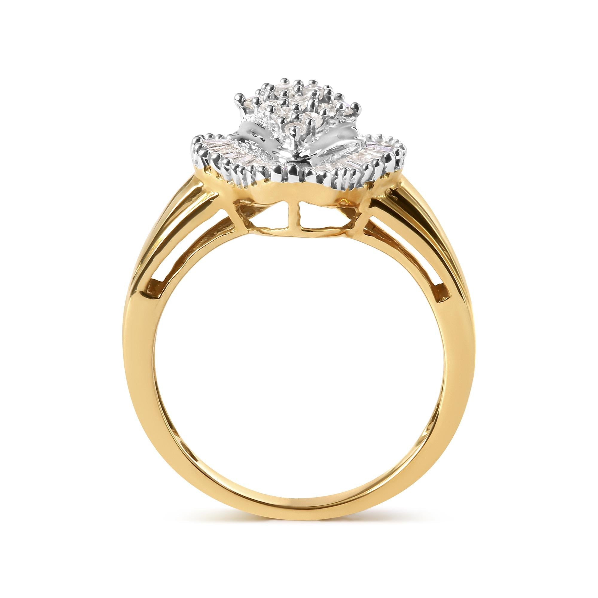 10K Yellow Gold 1/2 Cttw Round And Baguette-cut Diamond Rhombus Head and Halo Ring (I-J Color, I1-I2 Clarity) - Friggin Jewelry