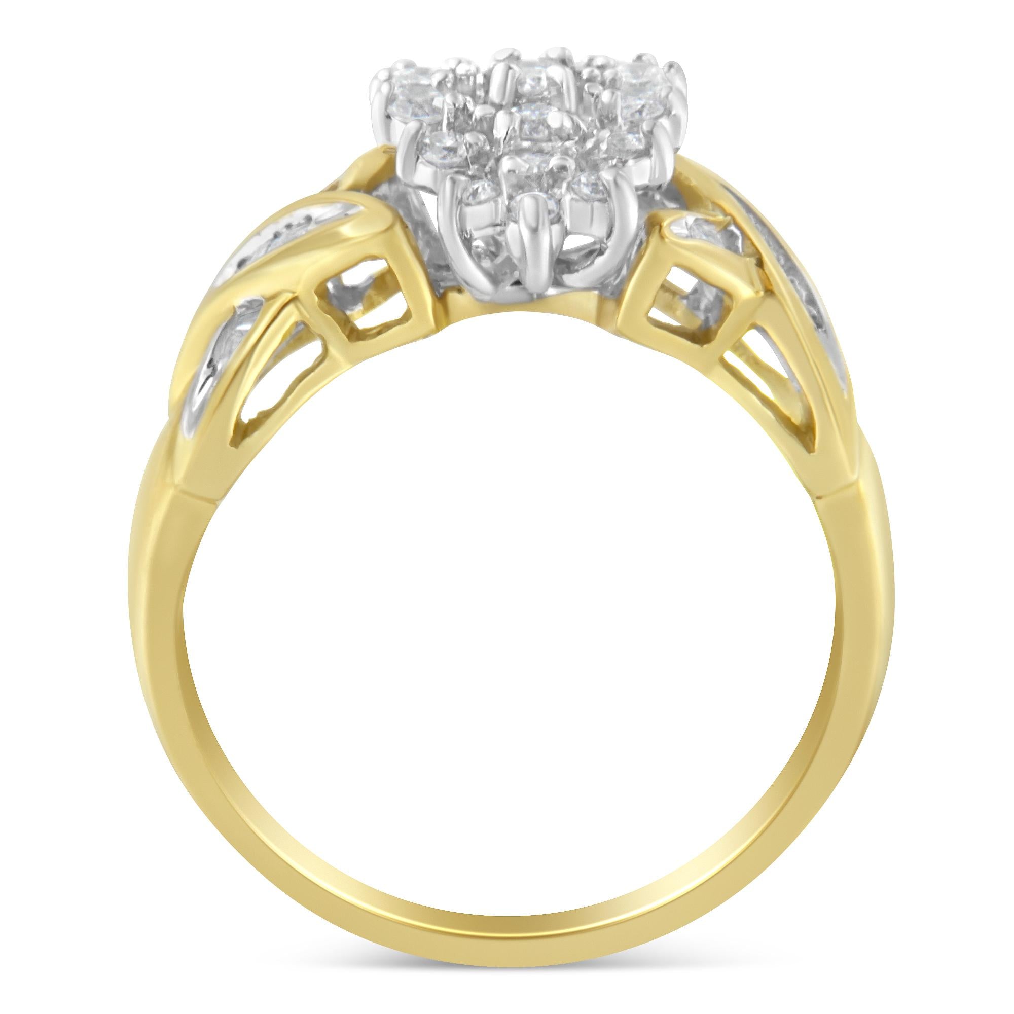 10K Two-Toned Round Baguette Diamond Cluster Ring (1/2 Cttw, I-J Color, I2-I3 Clarity) - Friggin Jewelry Winter
