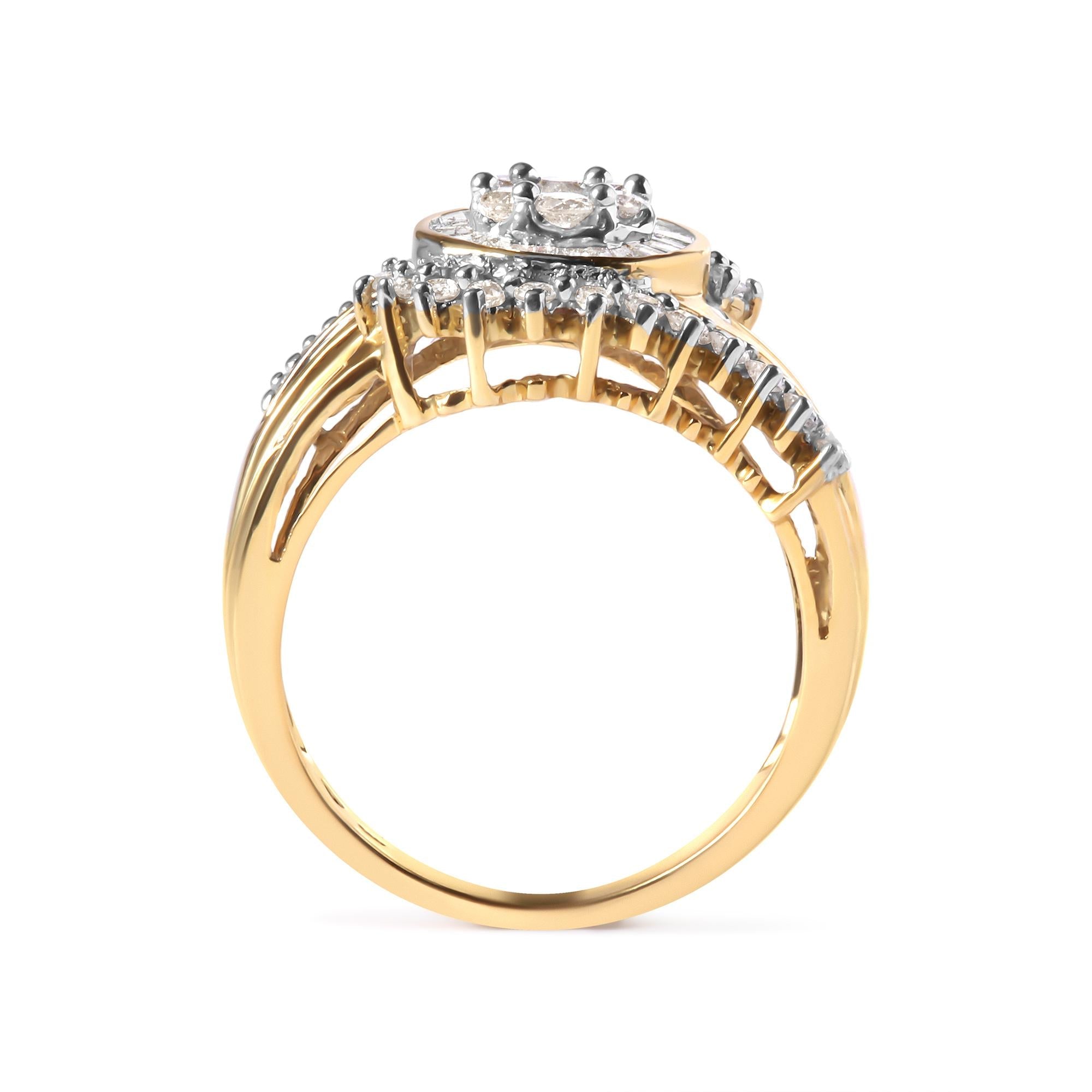 10K Yellow-Gold 1 Cttw Round and Baguette Cut Diamond Cluster Swirl Band Ring (H-I Color i1-i2 Clarity) - Ring Size 7 - Friggin Jewelry