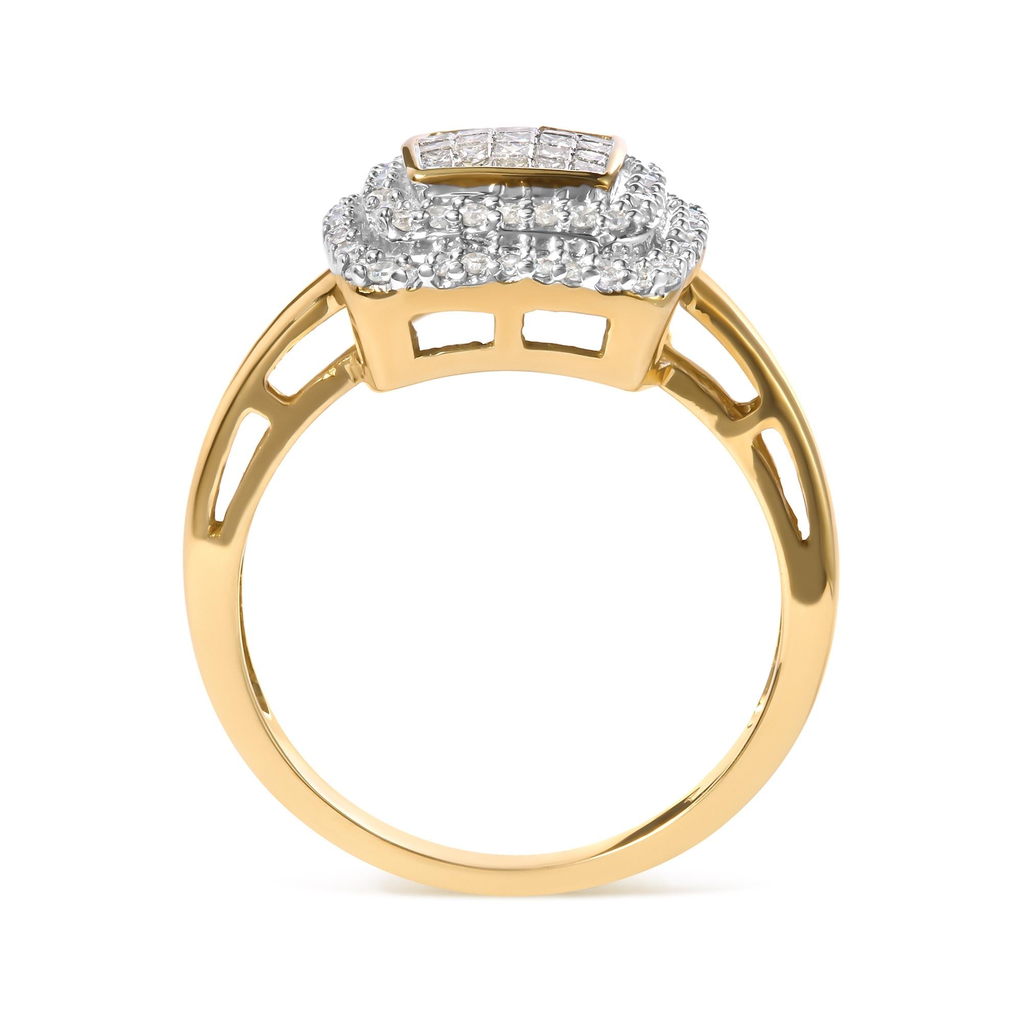 10K Yellow Gold 1/2 cttw Round and Princess Diamond Composite Head and Halo Ring (H-I Color, SI1-SI2 Clarity) - Friggin Jewelry