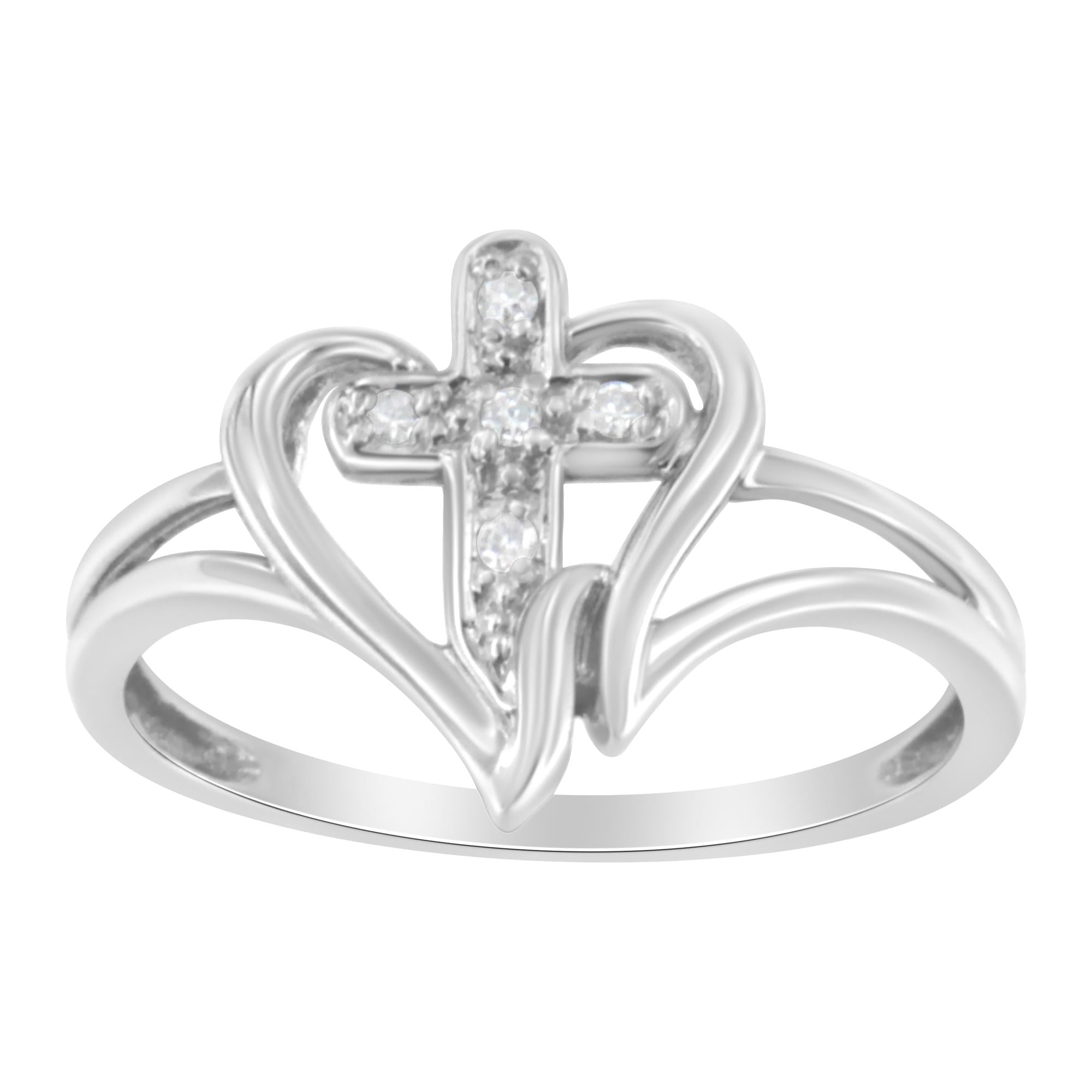 10K White Gold Diamond-Accented Cross & Open Heart Promise Fashion Ring (H-I Color, I1-I2 Clarity) - Friggin Jewelry