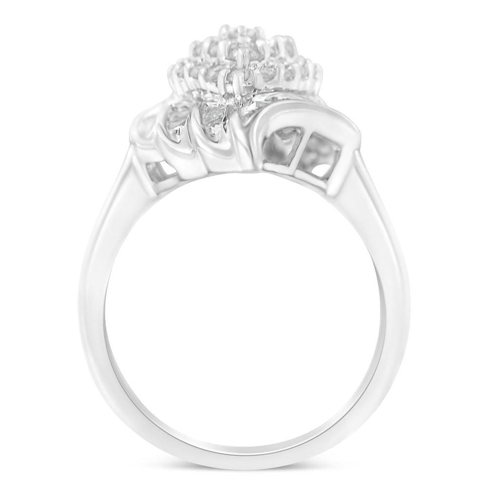 .925 Sterling Silver ¾ Cttw Round and Baguette Cut Diamond Stair-Stepped Cluster Waterfall Cocktail Ring (I-J Color, I2-I3 Clarity) - Friggin Jewelry