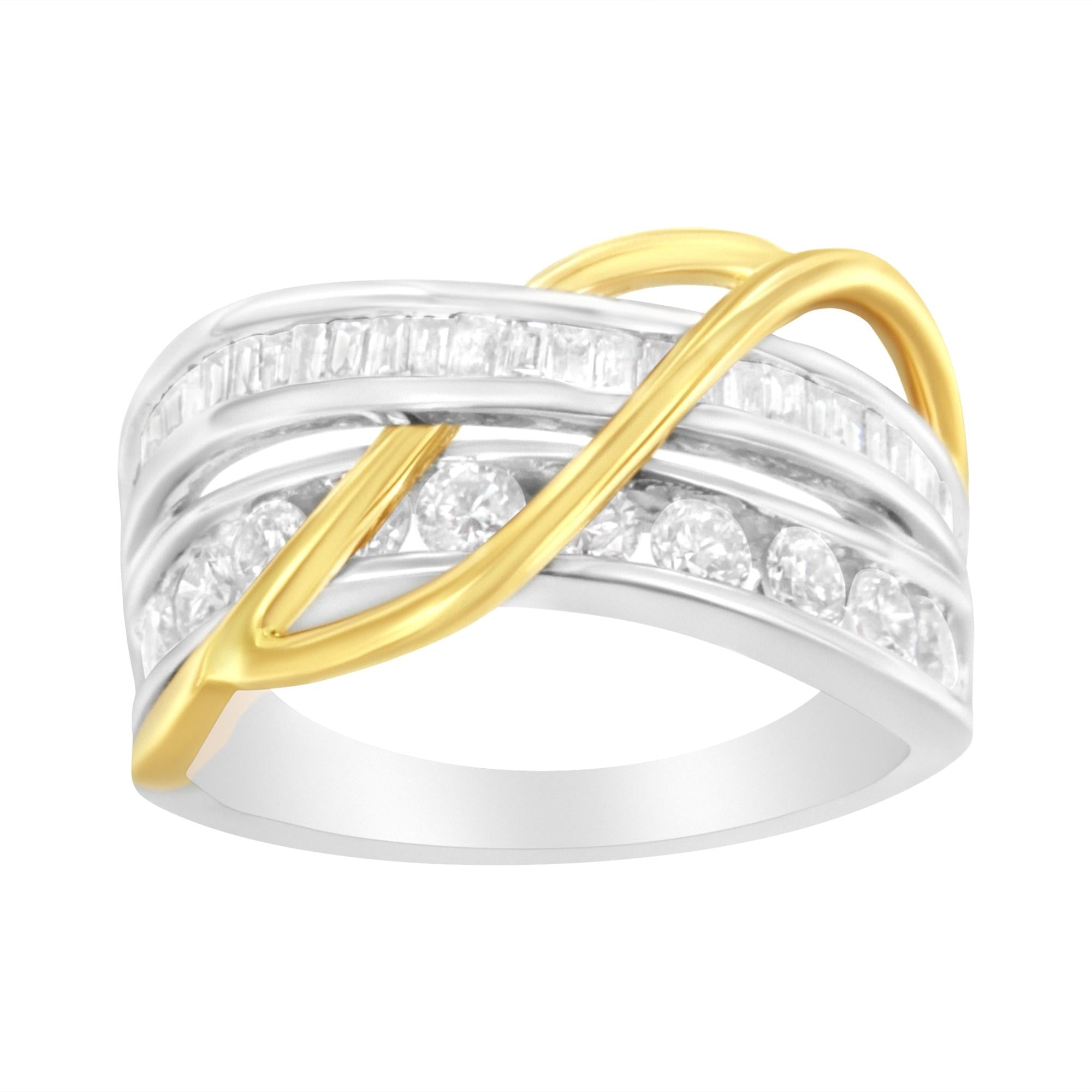 Anello a fascia bypass in oro bianco e giallo 10 carati con diamanti incastonati a canale da 1 1/10 ct (colore J, purezza I3) - Friggin Jewelry