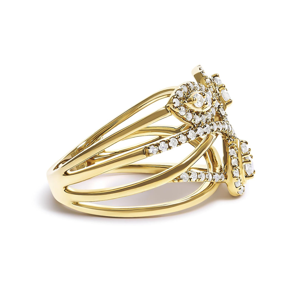 10K Yellow Gold 1/2 Cttw Diamond Crossover 3 Leaf Floral Cocktail Ring Band (H-I Color, SI1-SI2 Clarity) - Friggin Jewelry