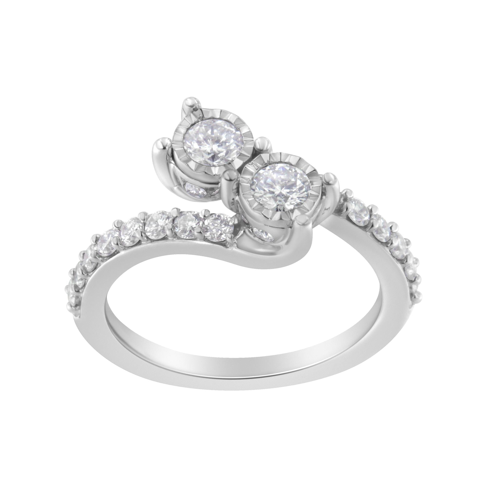 10K White Gold Two-Stone Miracle-Set Diamond Bypass Ring (1 Cttw, H-I Color, I1-I2 Clarity) - Friggin Jewelry