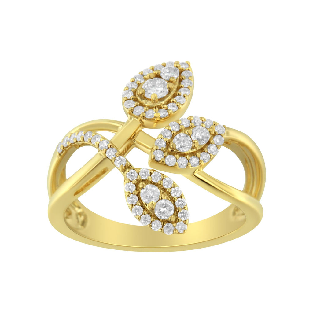 10K Yellow Gold 1/2 Cttw Round-Cut Diamond Layered Crossover Triple Leaf Bypass Ring (I-J Color, I1-I2 Clarity) - Friggin Jewelry