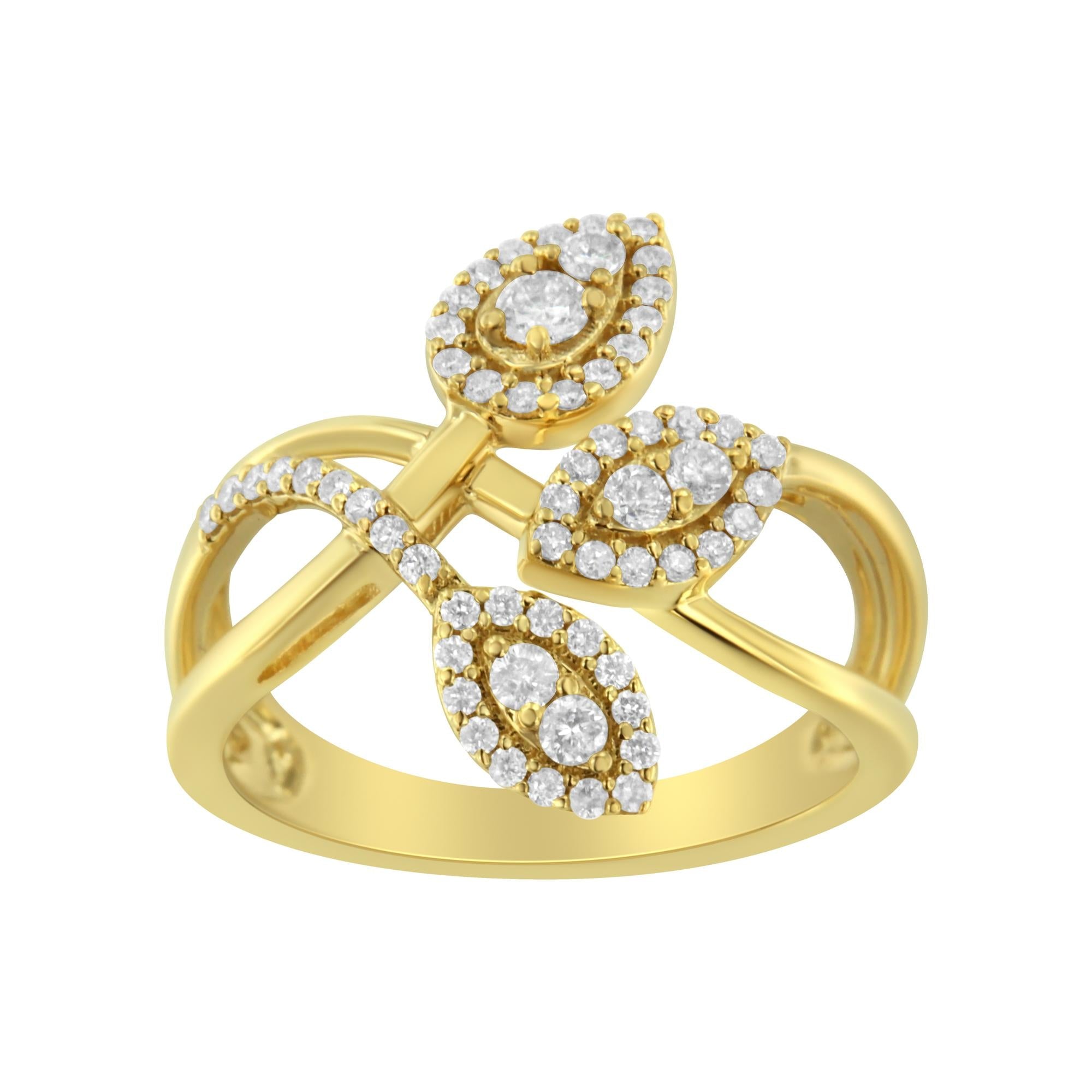 10K Yellow Gold 1/2 Cttw Round-Cut Diamond Layered Crossover Triple Leaf Bypass Ring (I-J Color, I1-I2 Clarity) - Friggin Jewelry