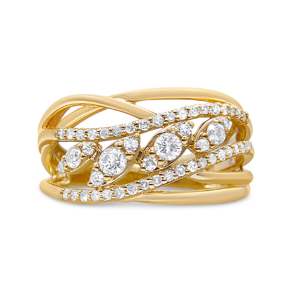 10K Yellow Gold 1/2 Cttw Round-Cut Multi Row Diamond Split Shank Cocktail Ring (H-I Color, SI2-I1 Clarity) - Friggin Jewelry