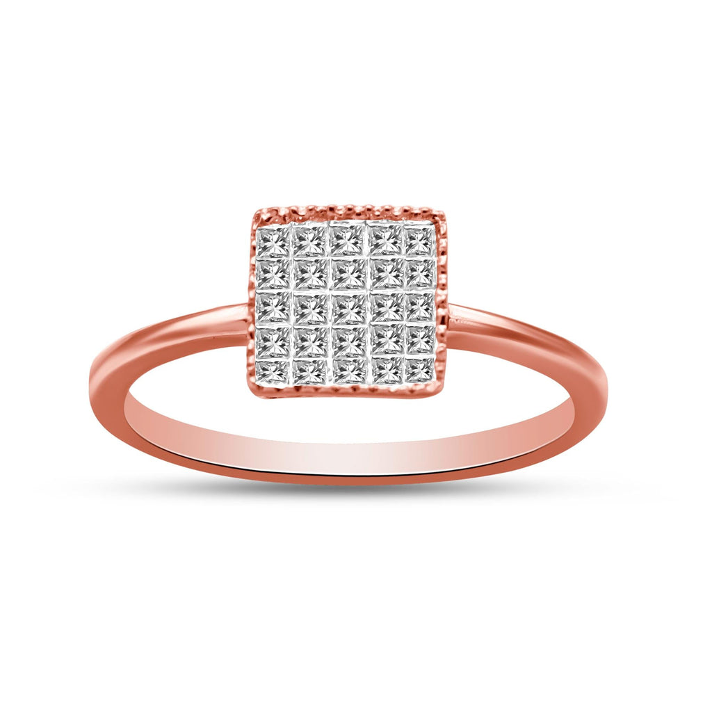 10K Rose Gold 1/3 Cttw Invisible Set Princess Cut Diamond Composite Square Shape Ring for Women (H-I color, I1-I2 clarity) - Friggin Jewelry