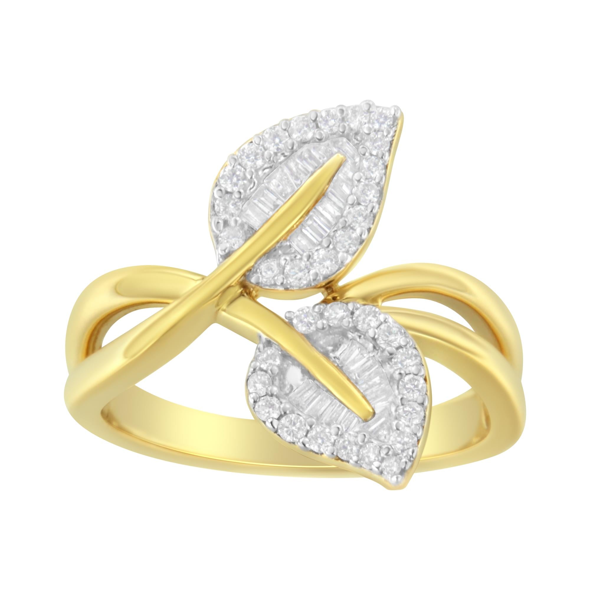 10K Yellow Gold 3/8 Cttw Round and Baguette-Cut Diamond Leaf Cocktail Ring (I-J Color, I1-I2 Clarity) - Friggin Jewelry