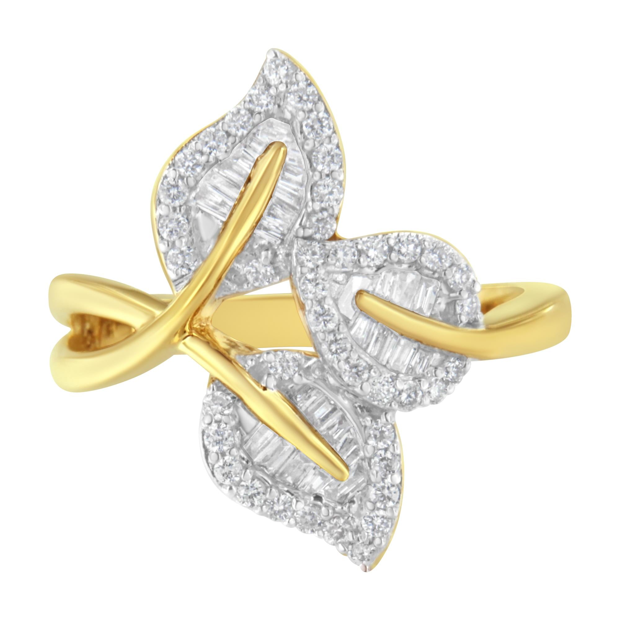 18K Yellow and White Gold Plated .925 Sterling Silver 3/8 Cttw Baguette and Round Diamond Bypass Triple Leaf Ring (I-J Color, I1-I2 Clarity) - Friggin Jewelry