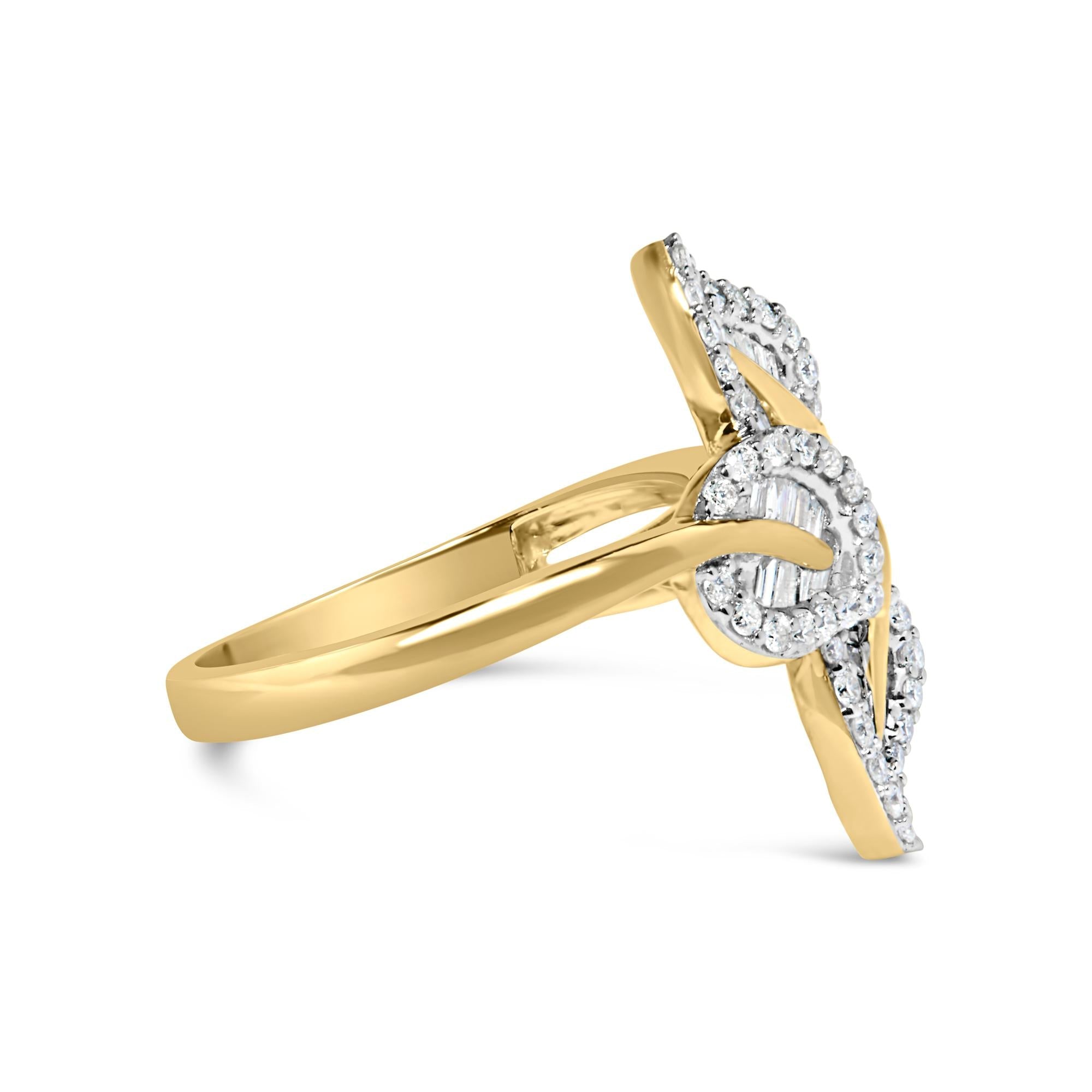18K Yellow Gold Plated .925 Sterling Silver 1/2 Cttw Baguette and Round Diamond Bypass Triple Leaf Ring (I-J Color, I1-I2 Clarity) - Friggin Jewelry