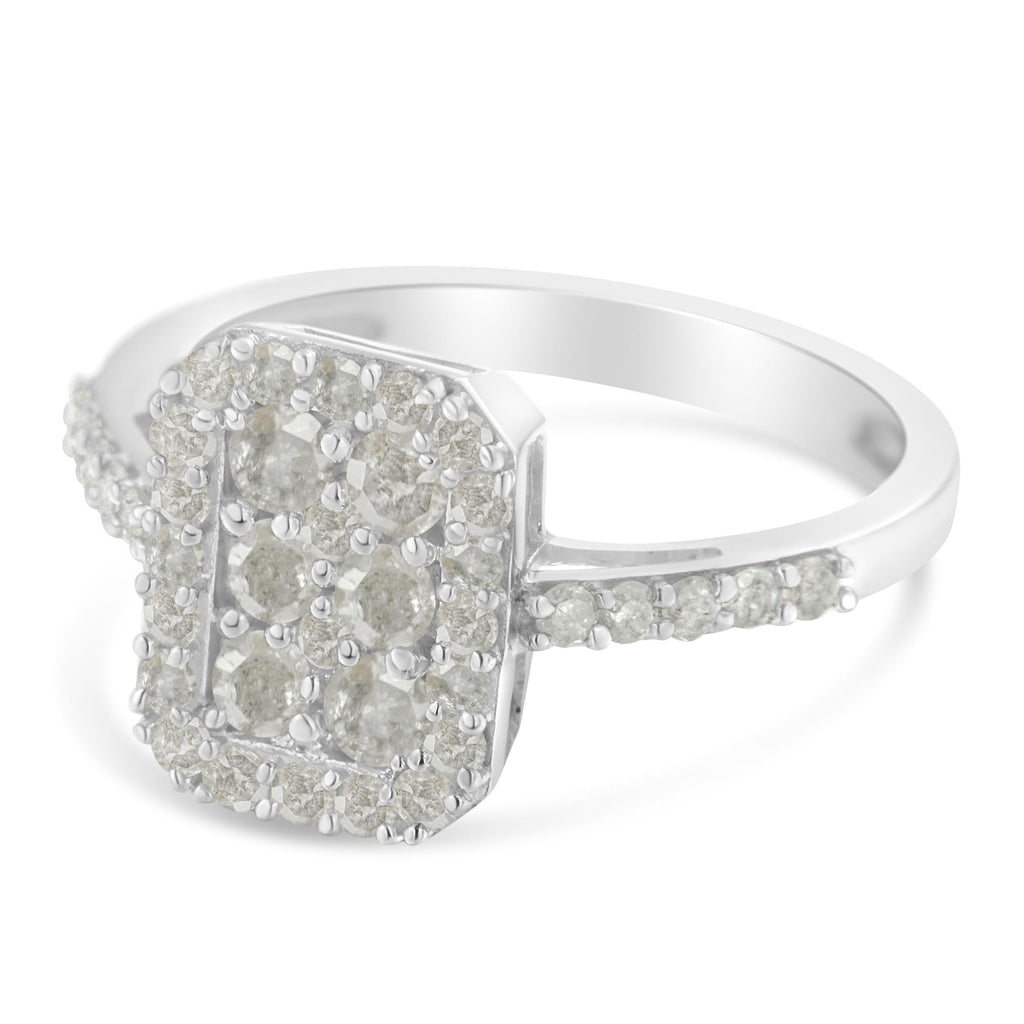 .925 Sterling Silver 1.0 Cttw Diamond Emerald-Shaped Cluster with Halo Cathedral Style Cocktail Ring (I-J Color, I3 Clarity) - Friggin Jewelry