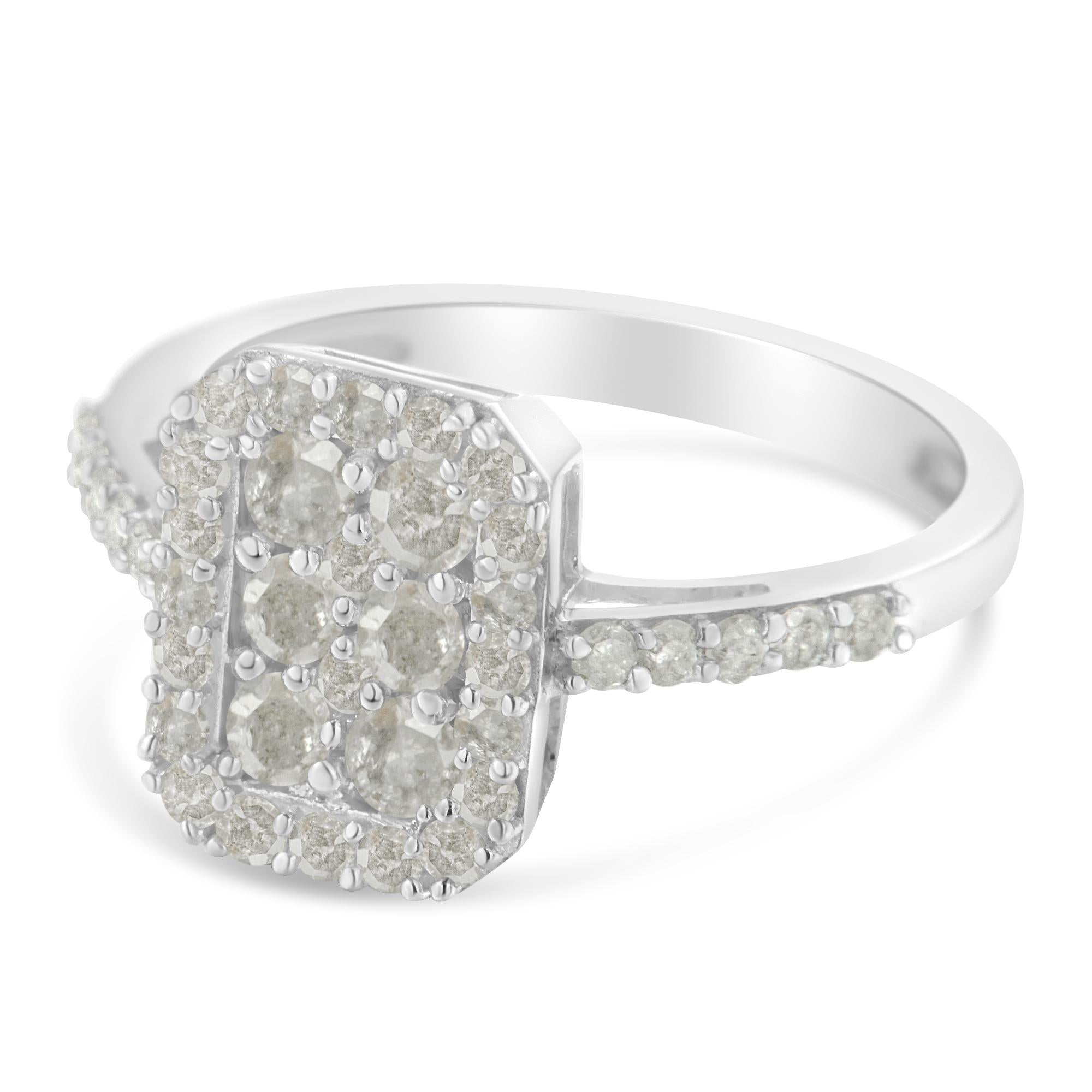 .925 Sterling Silver 1.0 Cttw Diamond Emerald-Shaped Cluster with Halo Cathedral Style Cocktail Ring (I-J Color, I3 Clarity) - Friggin Jewelry