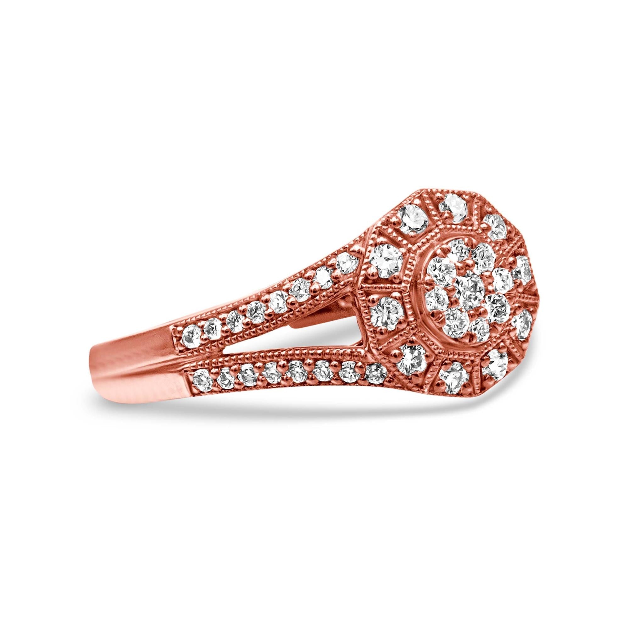 14K Rose Gold Plated .925 Sterling Silver 1/2 Cttw Pave Diamond Halo Cluster Split Shank Cocktail Ring (I-J Color, I1-I2 Clarity) - Friggin Jewelry