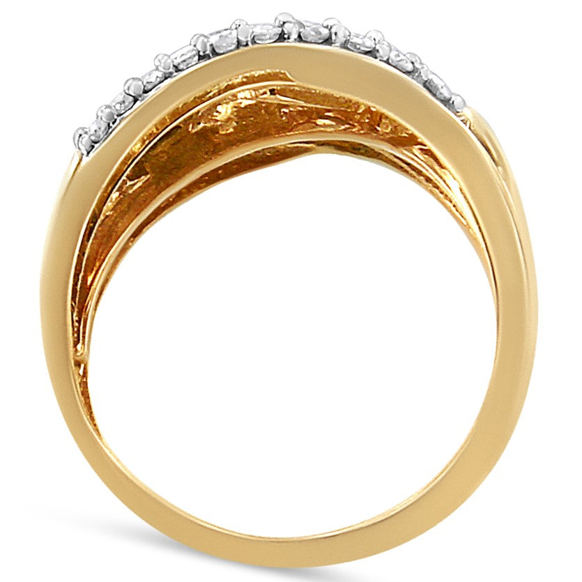10K Yellow and White Gold 1.0 Cttw Round and Baguette-Cut Diamond Multirow Interwoven Cocktail Ring (I-J Color, I2-I3 Quality) - Friggin Jewelry