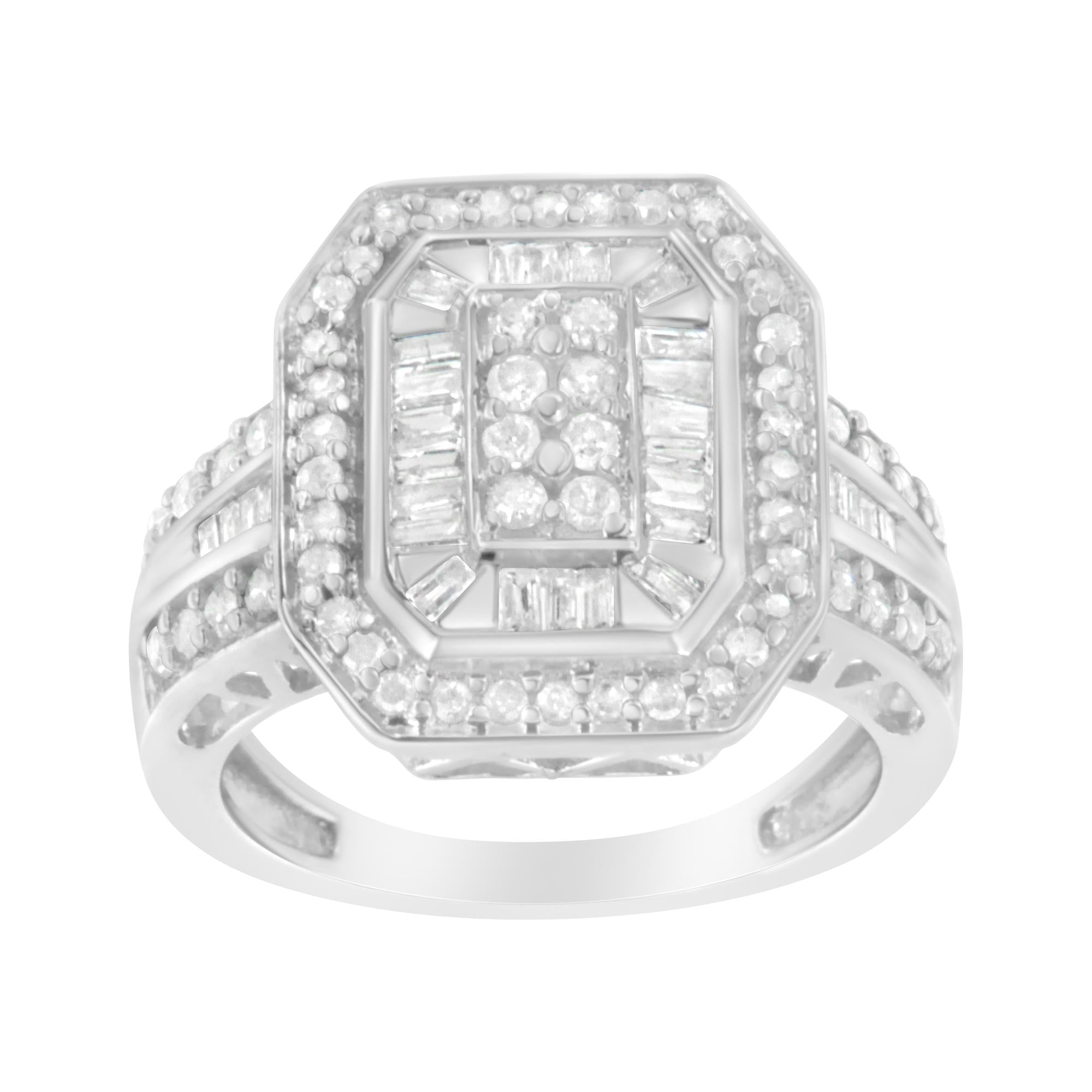 Anello cattedrale in argento sterling 925 con diamanti taglio baguette e taglio rotondo (0,75 ct, colore HI, purezza I2-I3) - Friggin Jewelry