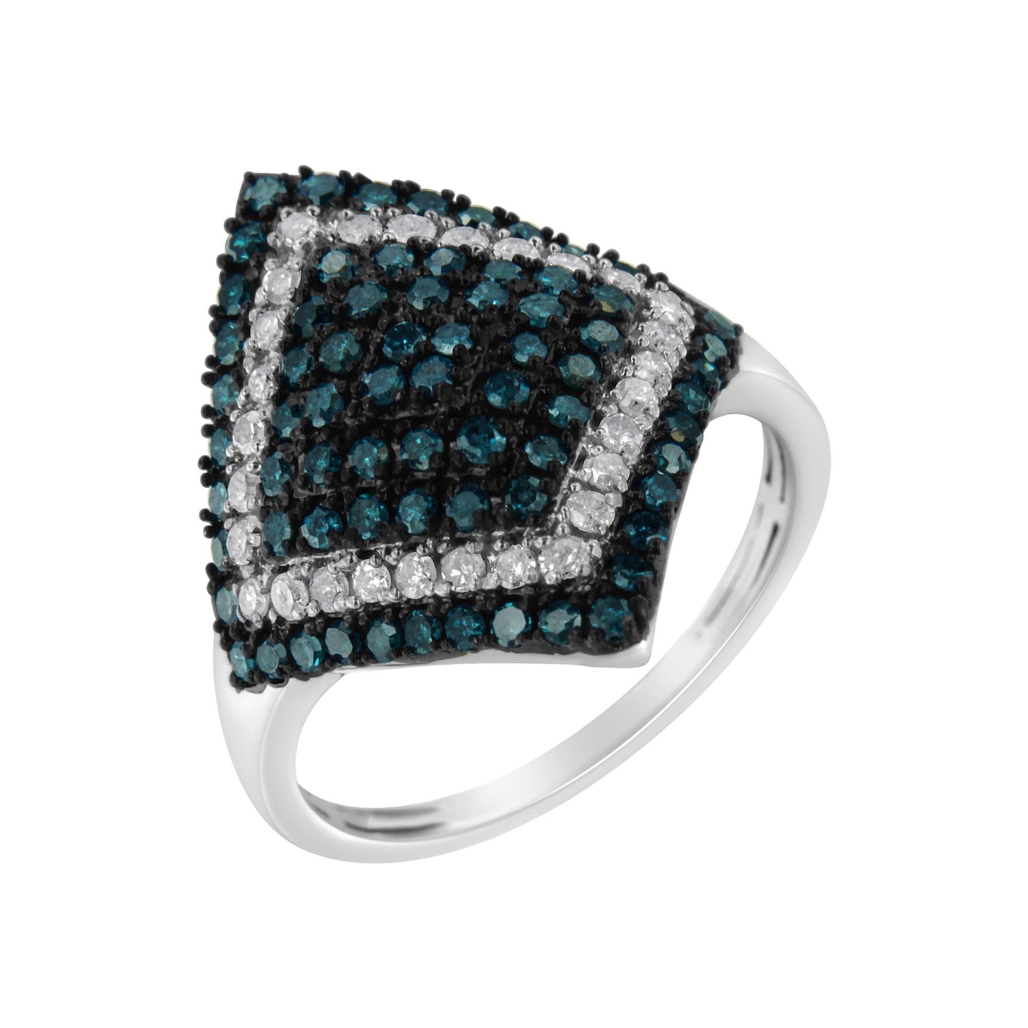 .925 Sterling Silver 1 cttw White and Treated Blue Diamond Rhombus Cocktail Ring (Blue, I3) - Friggin Jewelry